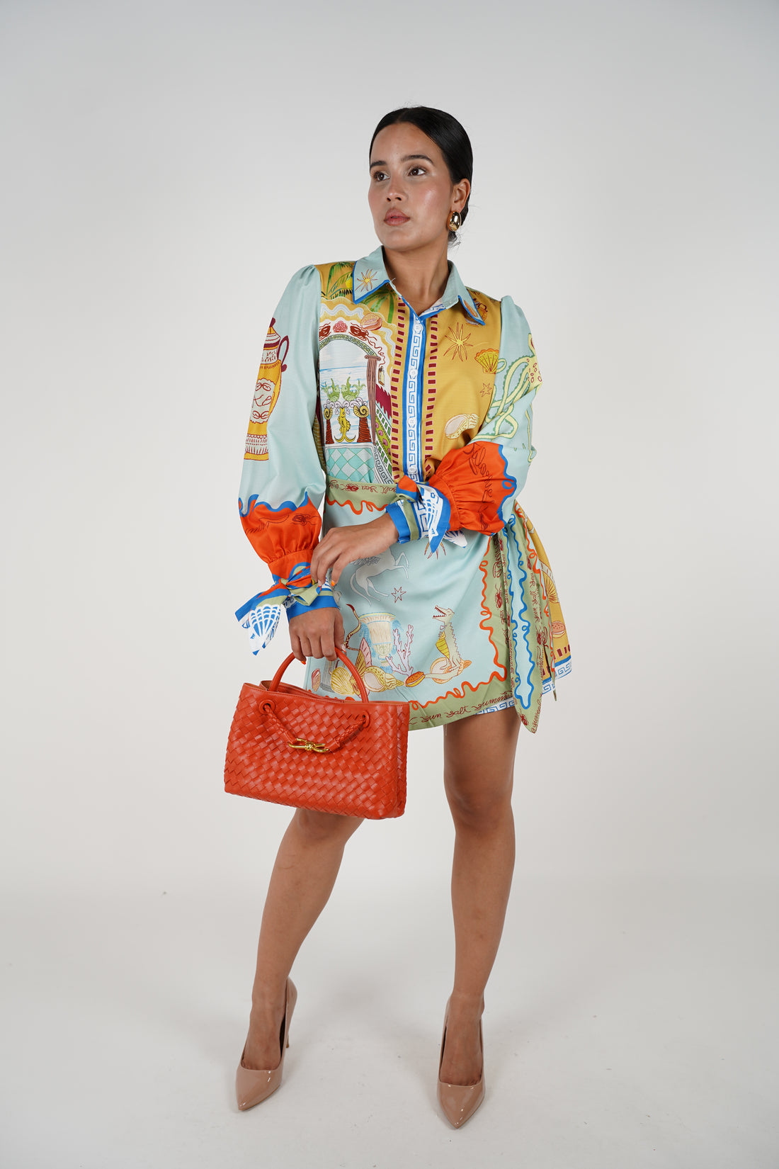 Nayra Stamped Mini Dress – Artistic Coastal Print Wrap Style