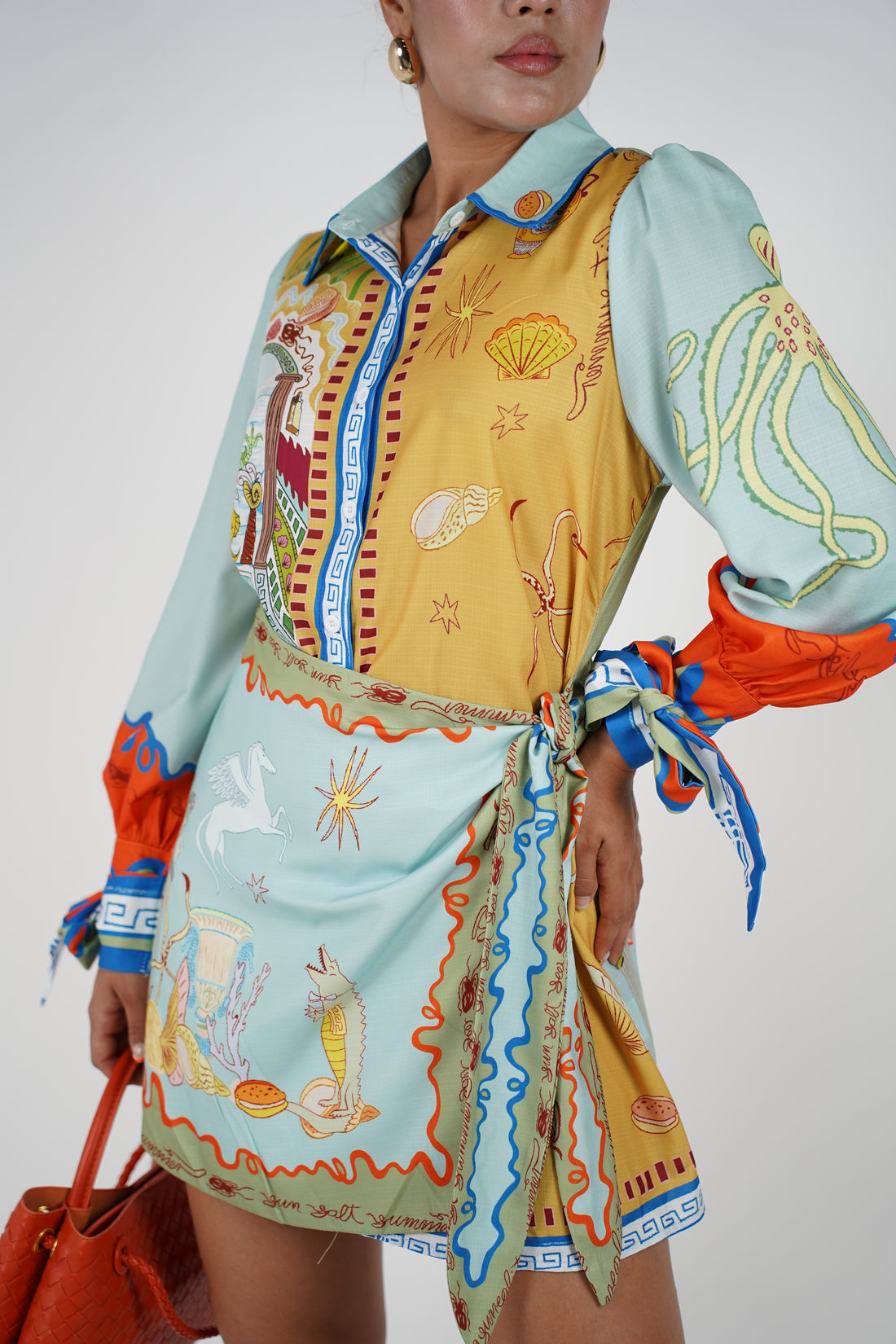 Nayra Stamped Mini Dress – Artistic Coastal Print Wrap Style
