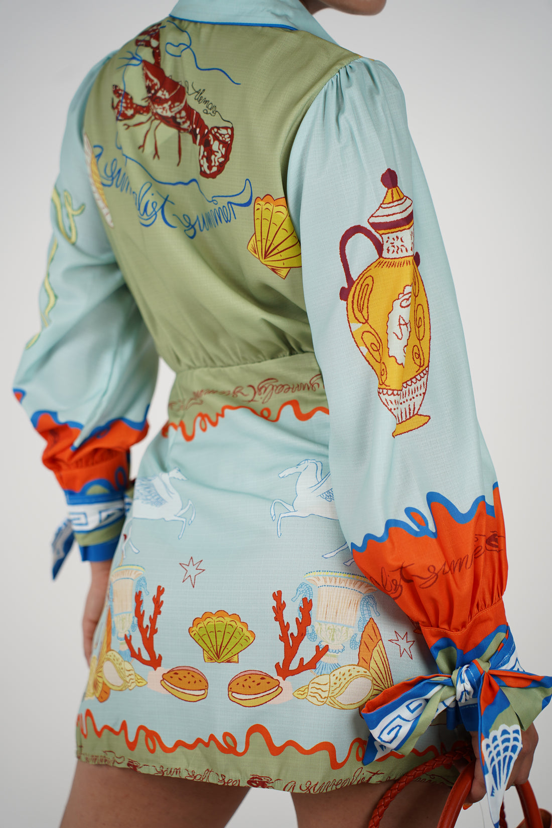 Nayra Stamped Mini Dress – Artistic Coastal Print Wrap Style
