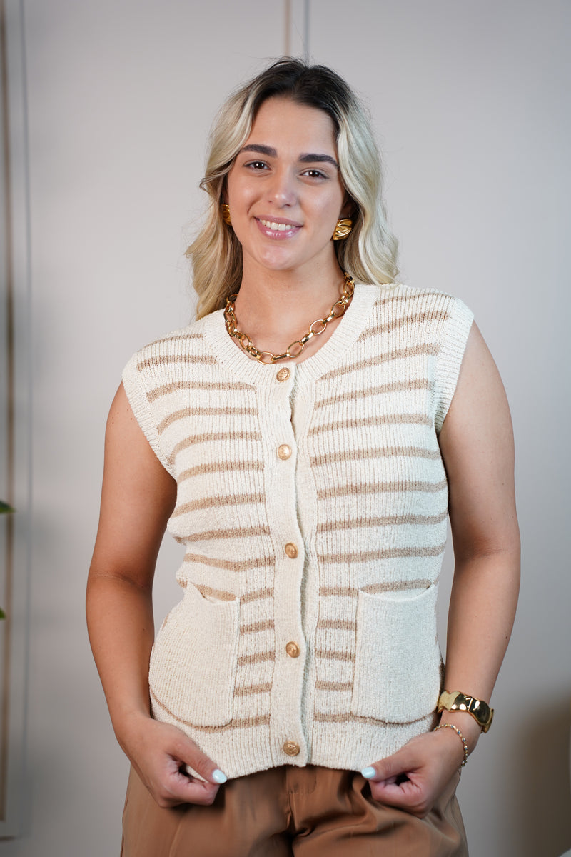 Sway Nora Striped Knit Vest – Button-Up Sleeveless Sweater with Pockets