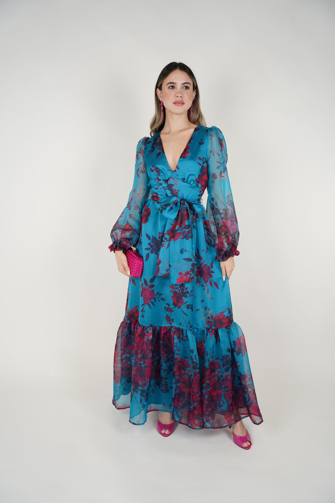 Helia Floral Maxi Dress – Teal Chiffon Wrap Dress with Romantic Blooms