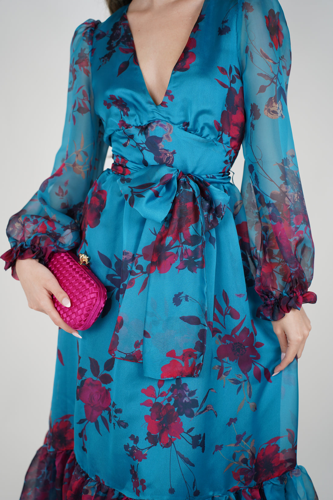 Helia Floral Maxi Dress – Teal Chiffon Wrap Dress with Romantic Blooms