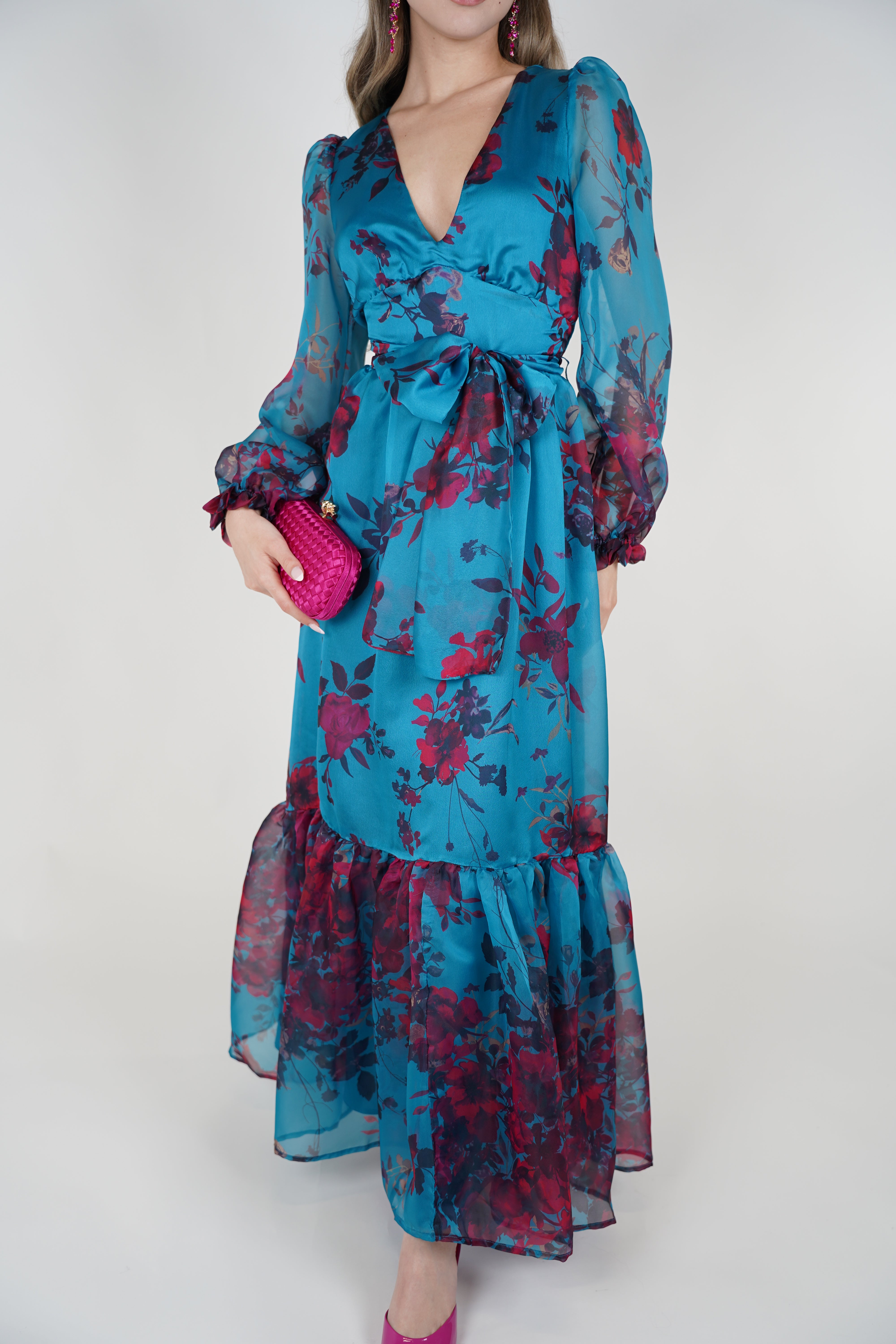 Helia Floral Maxi Dress – Teal Chiffon Wrap Dress with Romantic Blooms