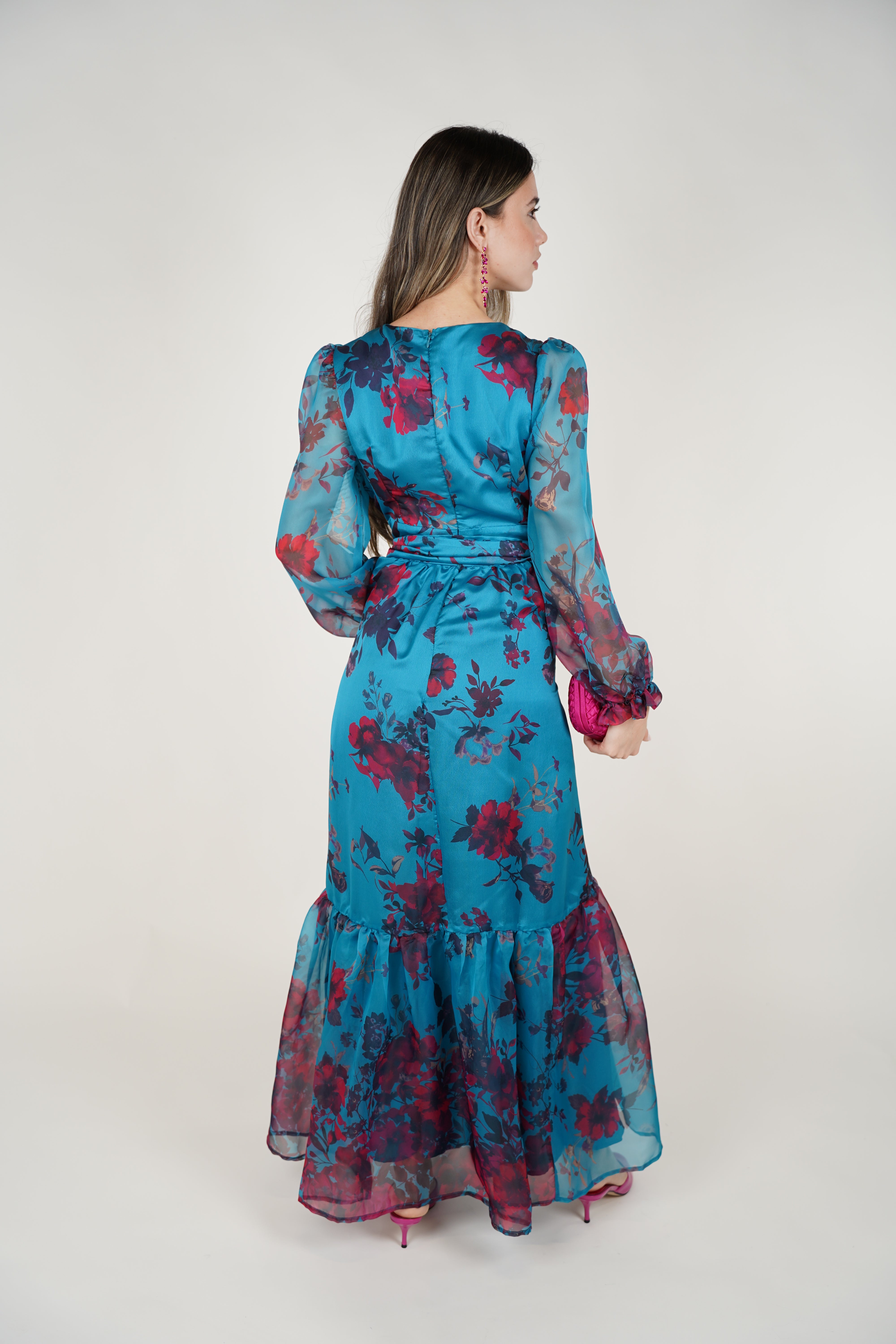 Helia Floral Maxi Dress – Teal Chiffon Wrap Dress with Romantic Blooms