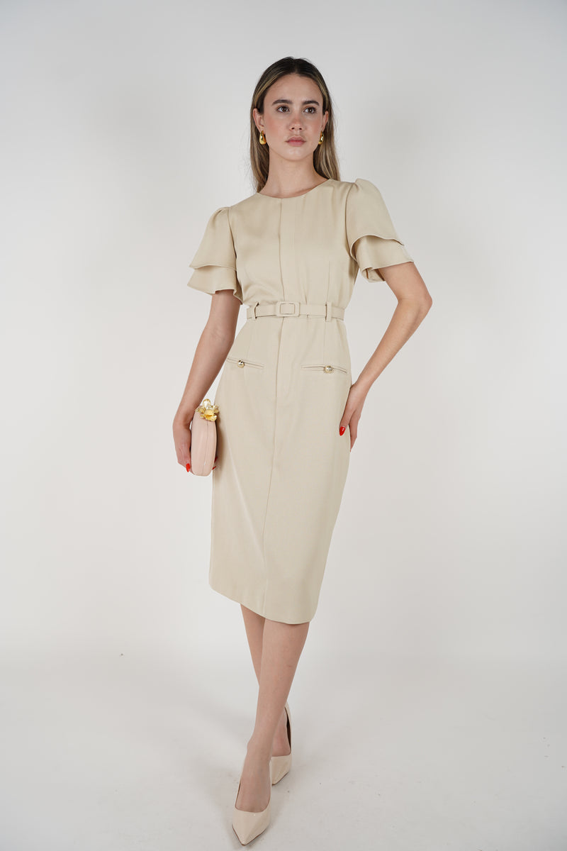 Rysa Maxi Dress – Sophisticated Belted Cream Dress with Puff Sleeves