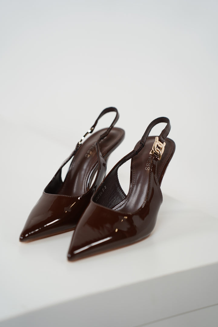 Juvia Pumps – Chocolate Patent Slingback Heels