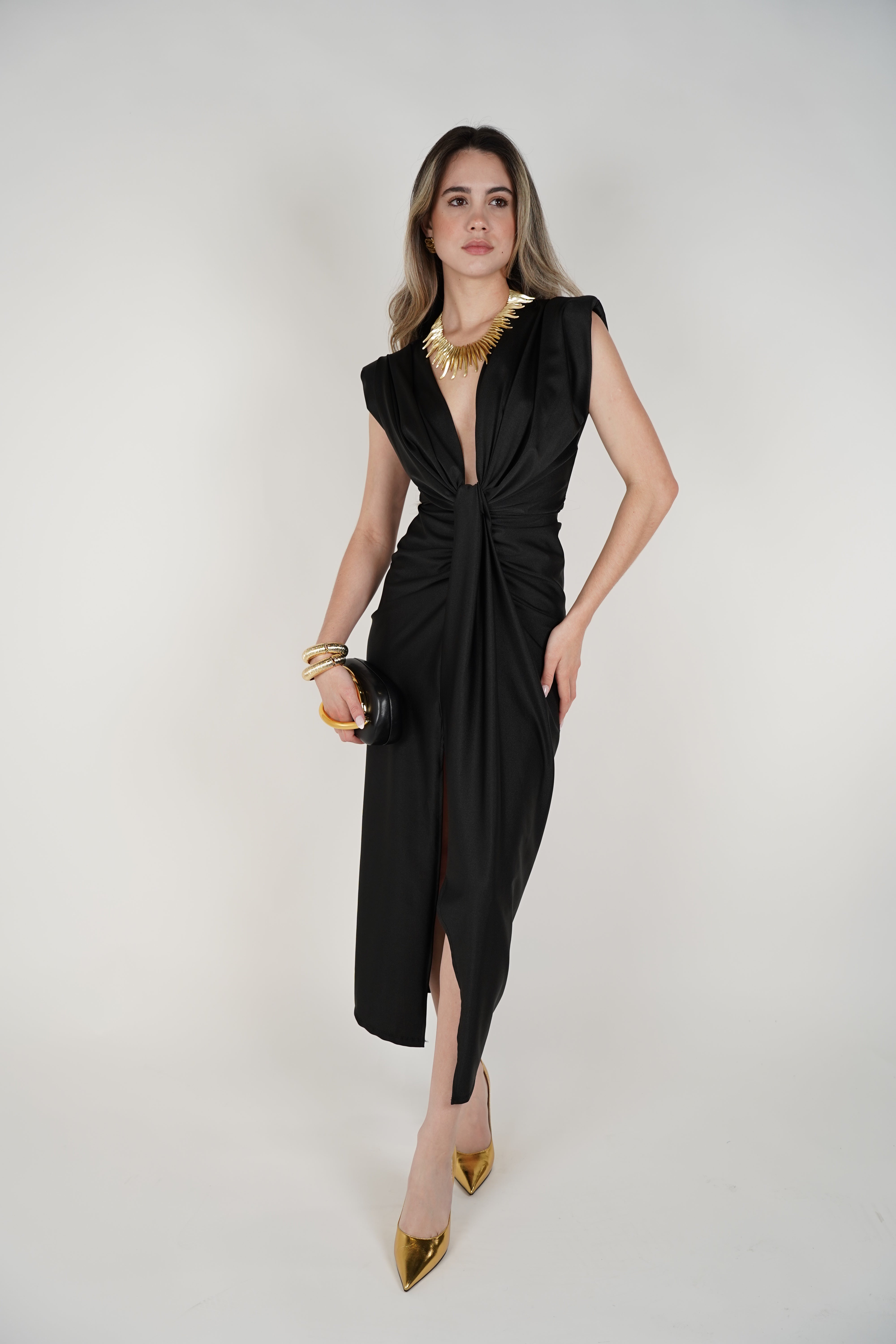 Fiora Midi Dress – Elegant Draped Black Dress