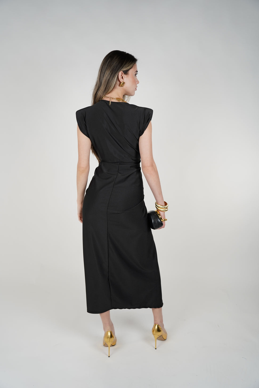 Fiora Midi Dress – Elegant Draped Black Dress
