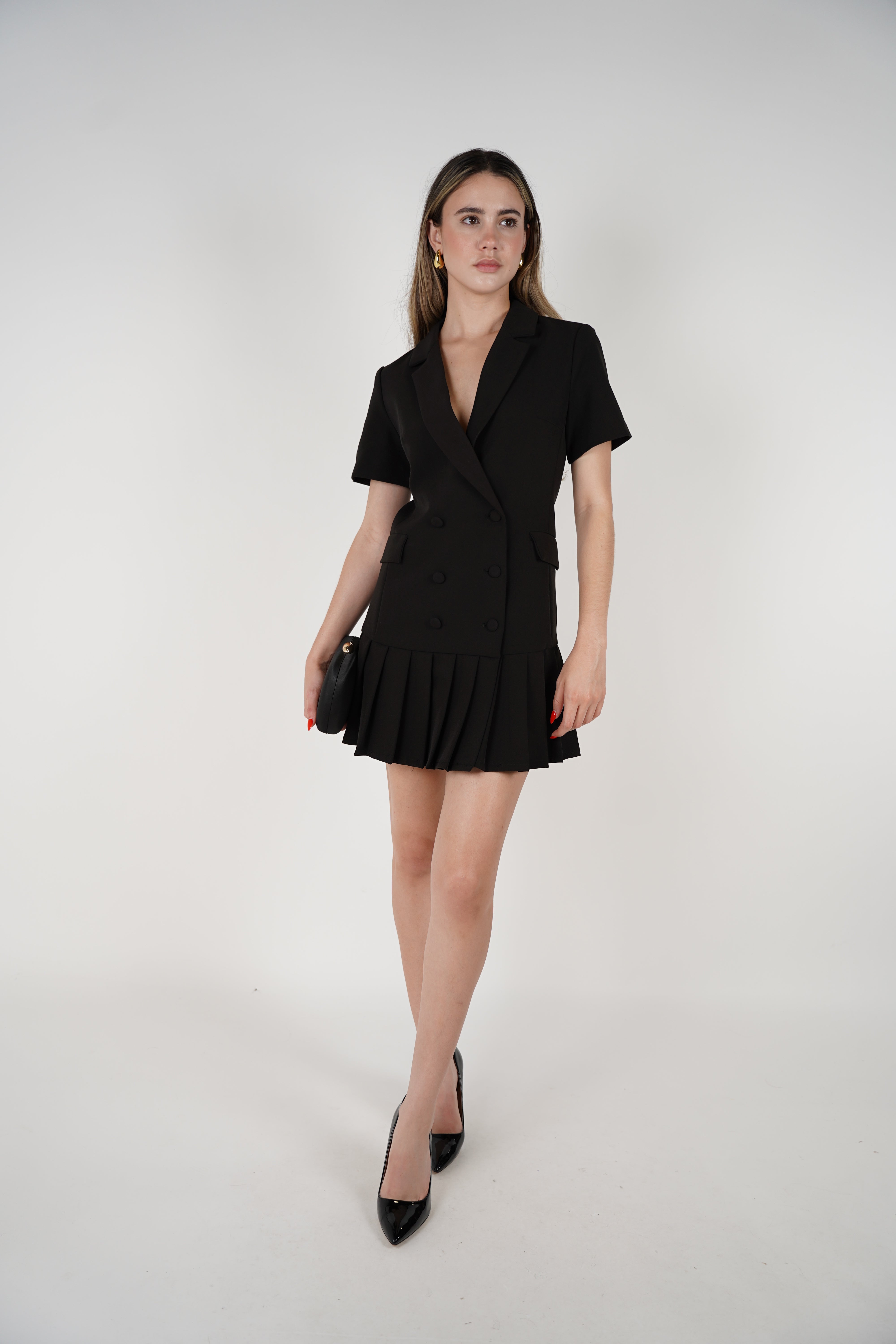 Sachi Dress – Chic Blazer-Inspired Mini with Pleated Skirt