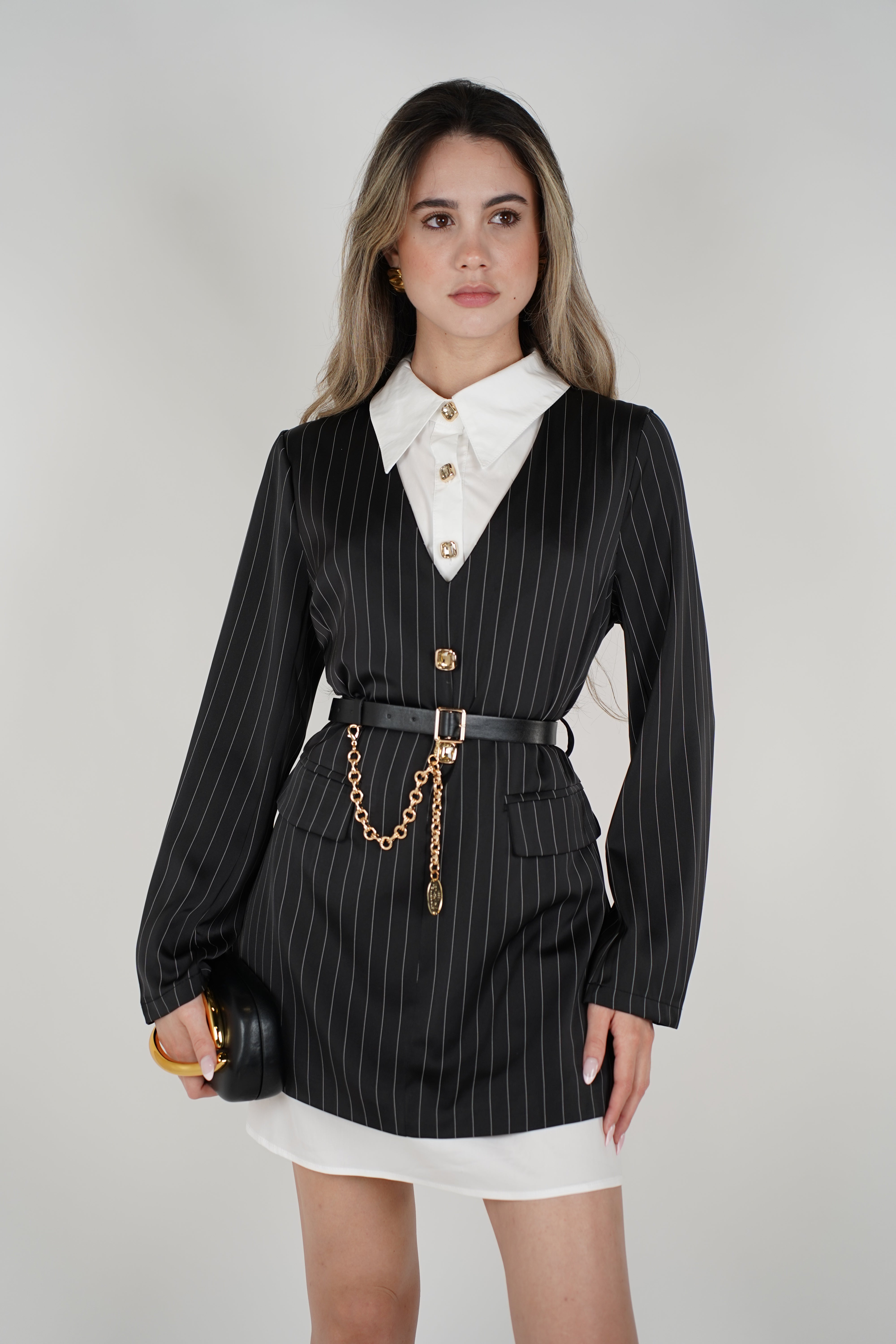 Averi Striped Mini Dress – Pinstripe Blazer-Inspired Dress