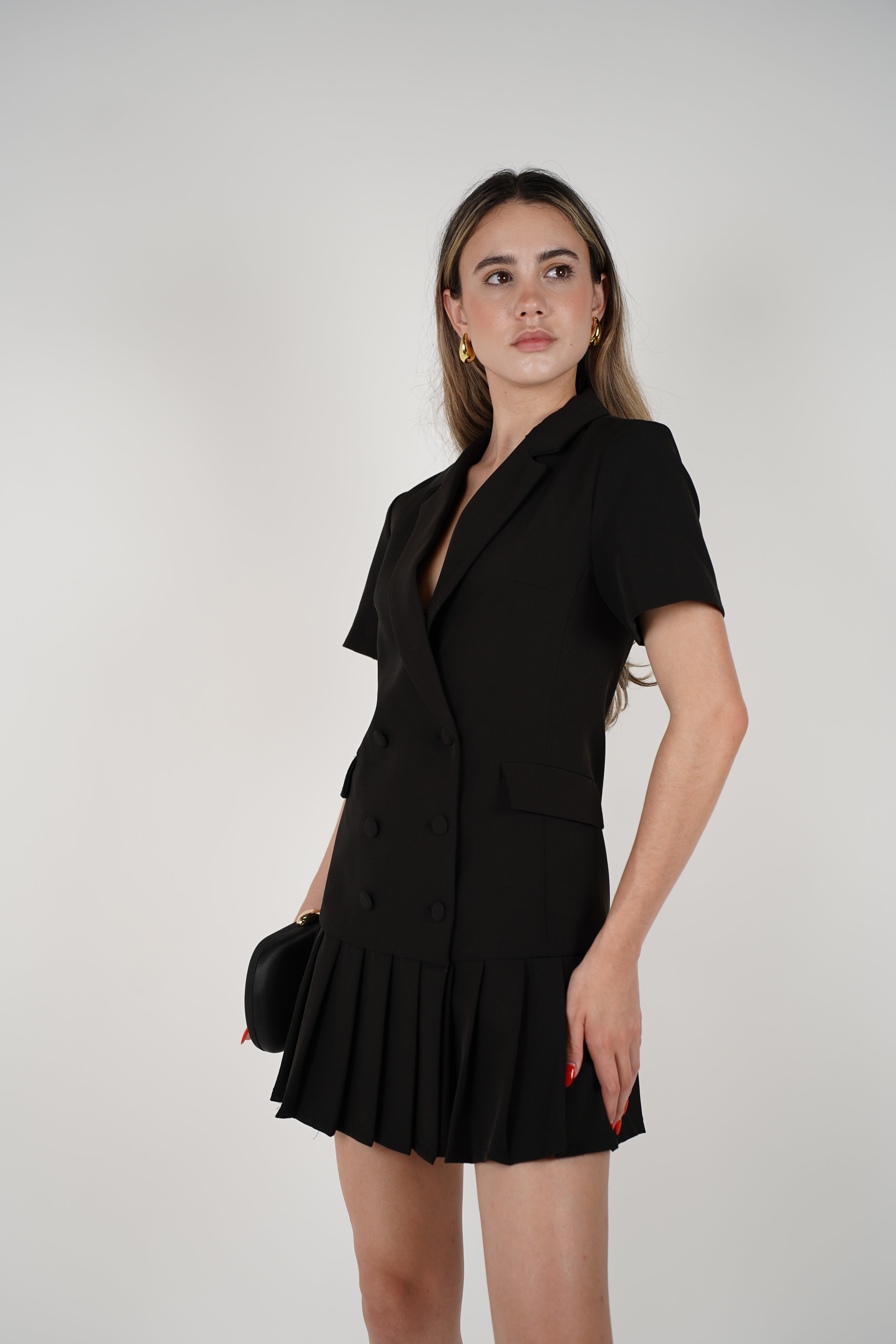Sachi Dress – Chic Blazer-Inspired Mini with Pleated Skirt