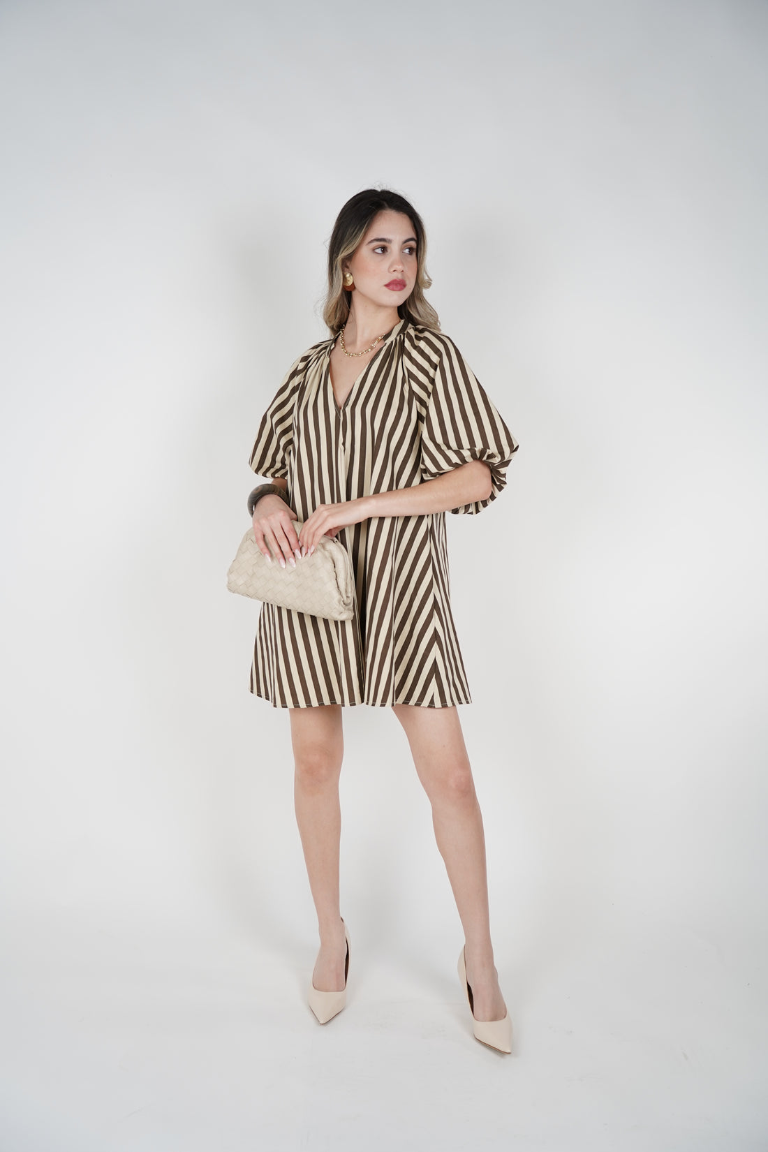 Belia Mini Striped Puff Sleeve Dress – Flowy Brown & Cream Mini Dress