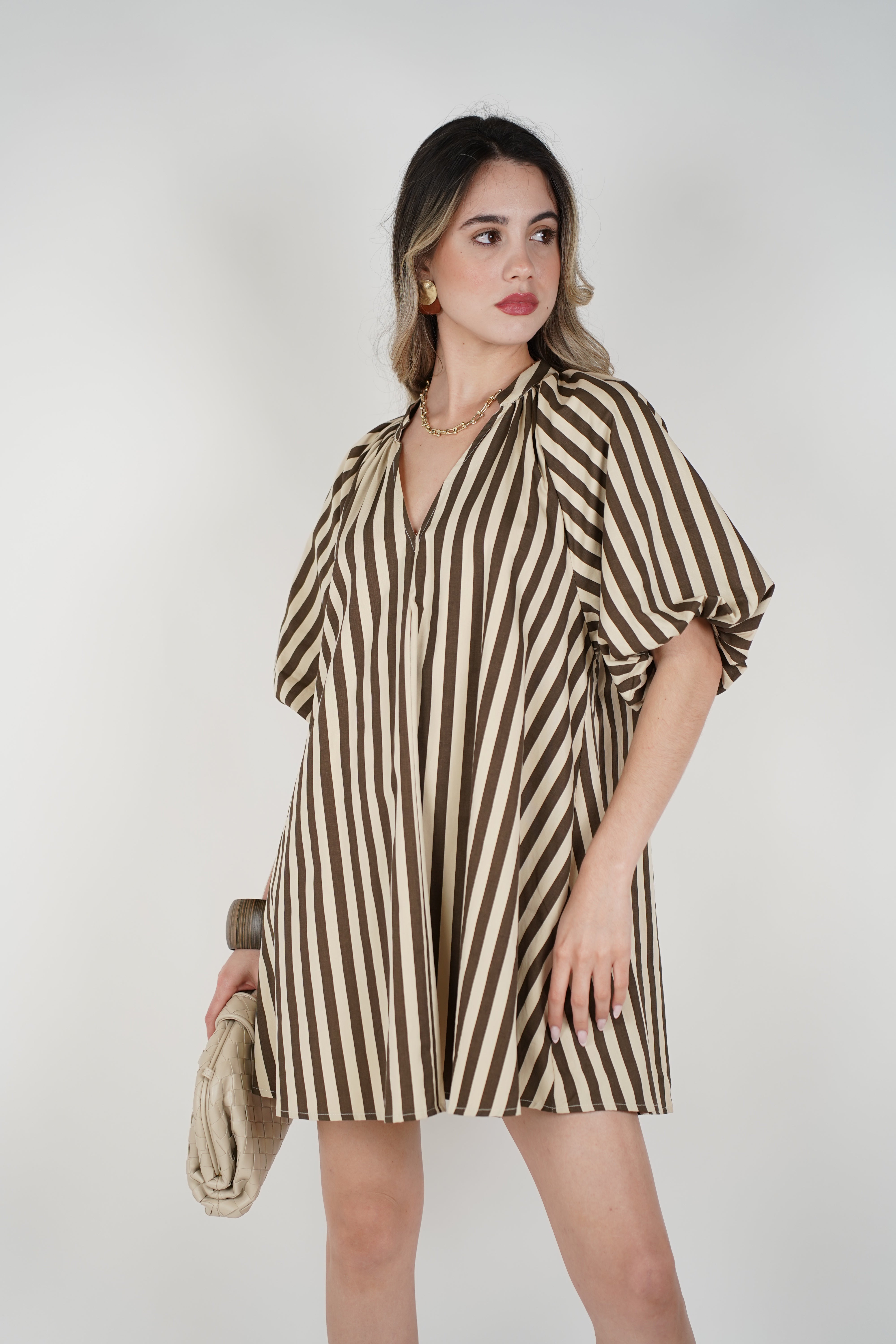 Belia Mini Striped Puff Sleeve Dress – Flowy Brown & Cream Mini Dress