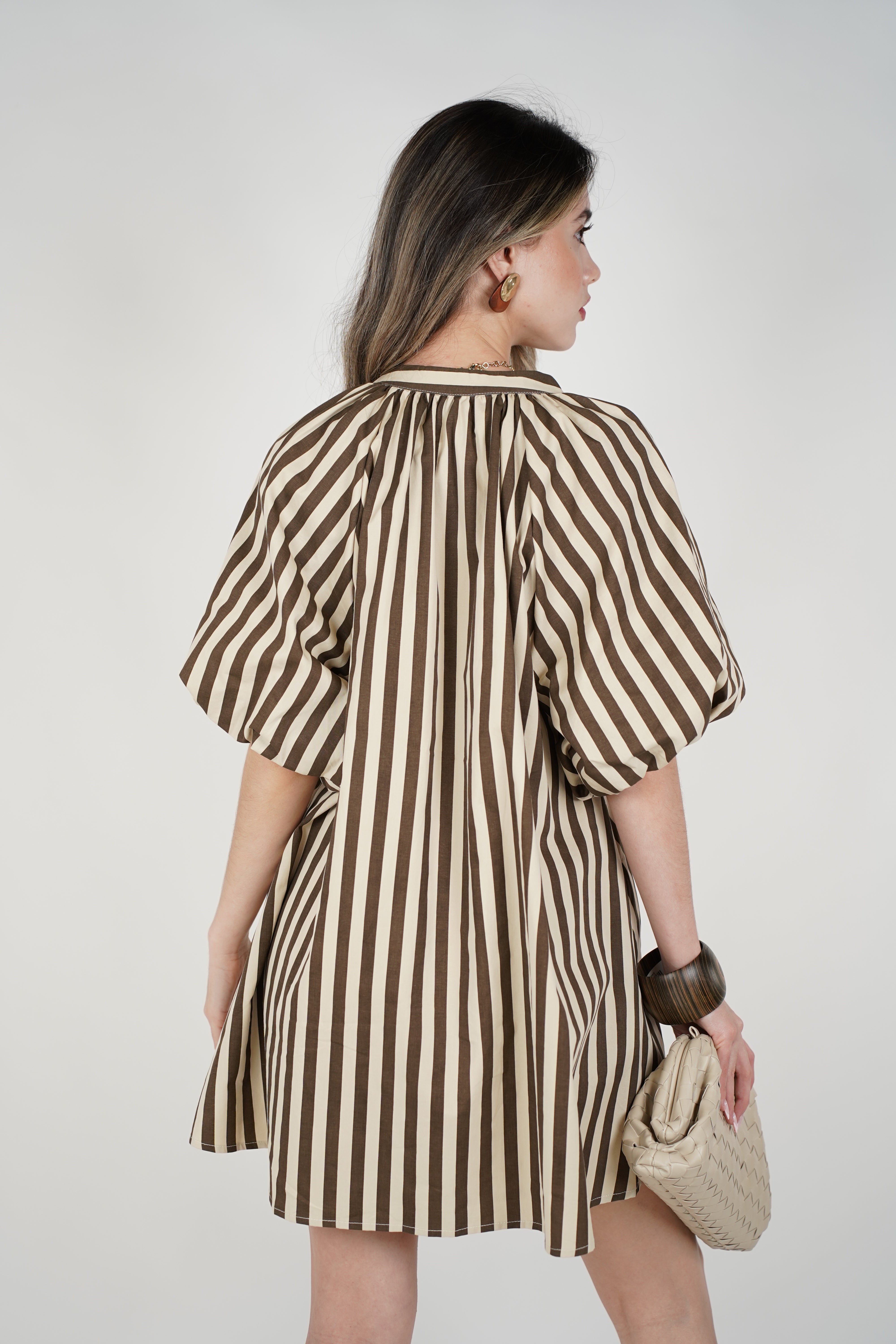 Belia Mini Striped Puff Sleeve Dress – Flowy Brown & Cream Mini Dress
