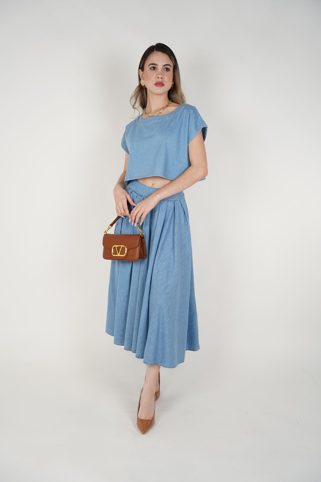 Tovia Denim Skirt Set – Effortless Light Blue Two-Piece Look