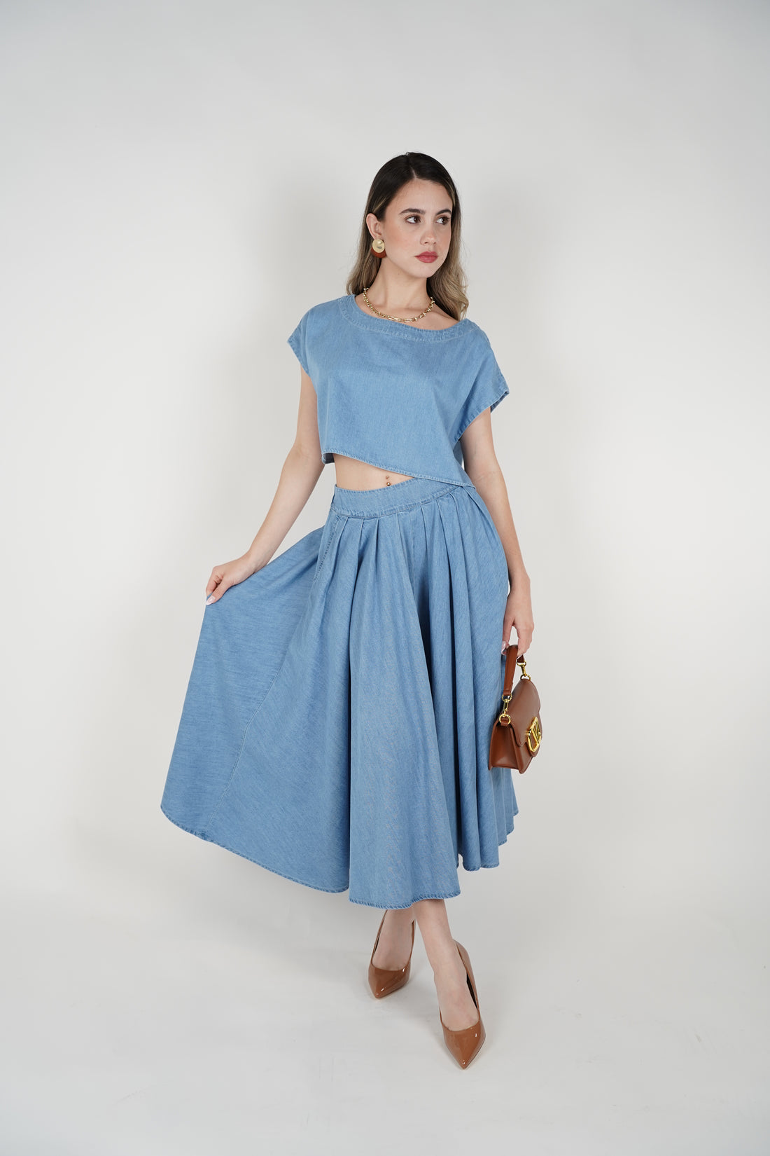 Tovia Denim Skirt Set – Effortless Light Blue Two-Piece Look