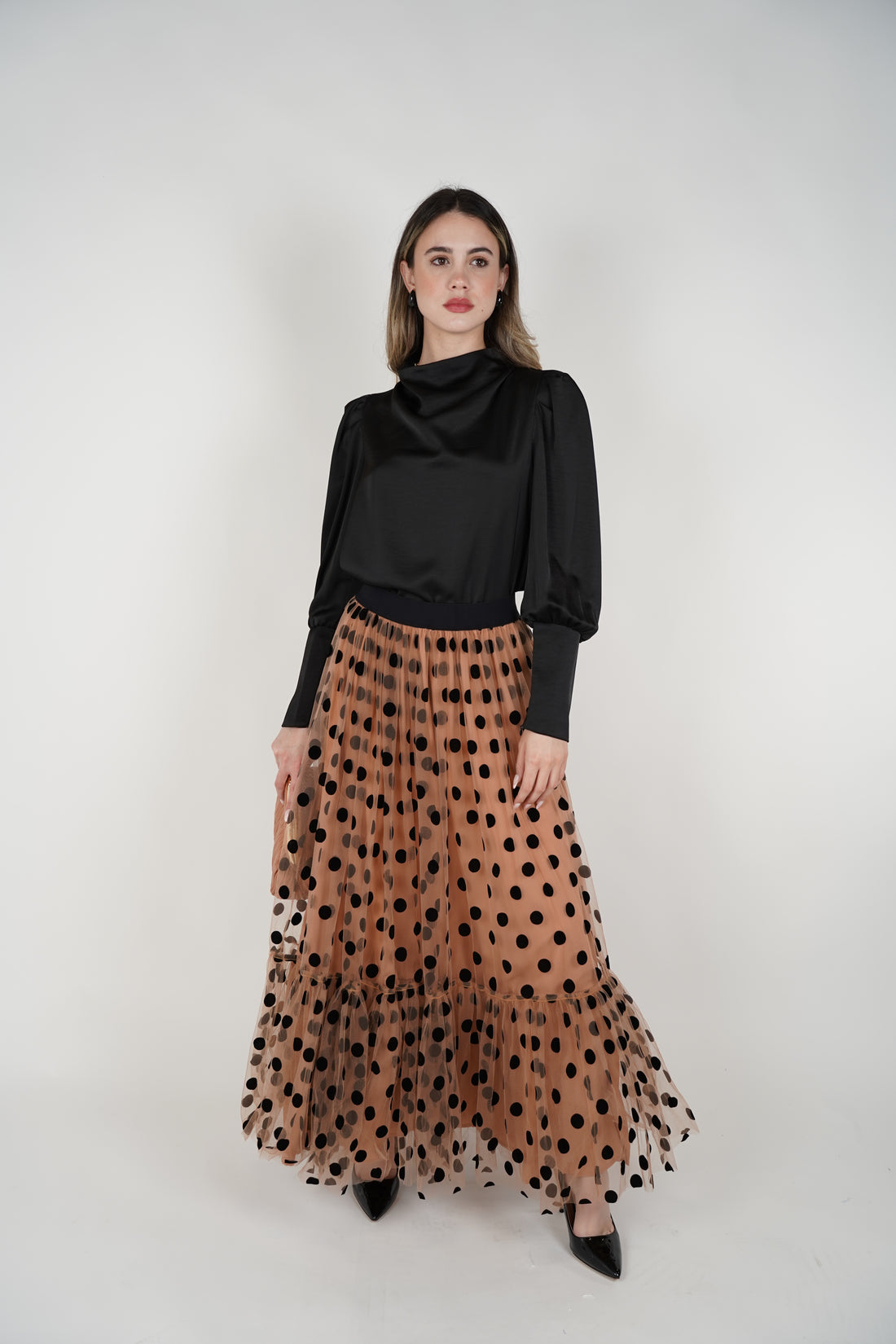 Emera Polka Dot Midi Skirt – Elegant Sheer Layered Design