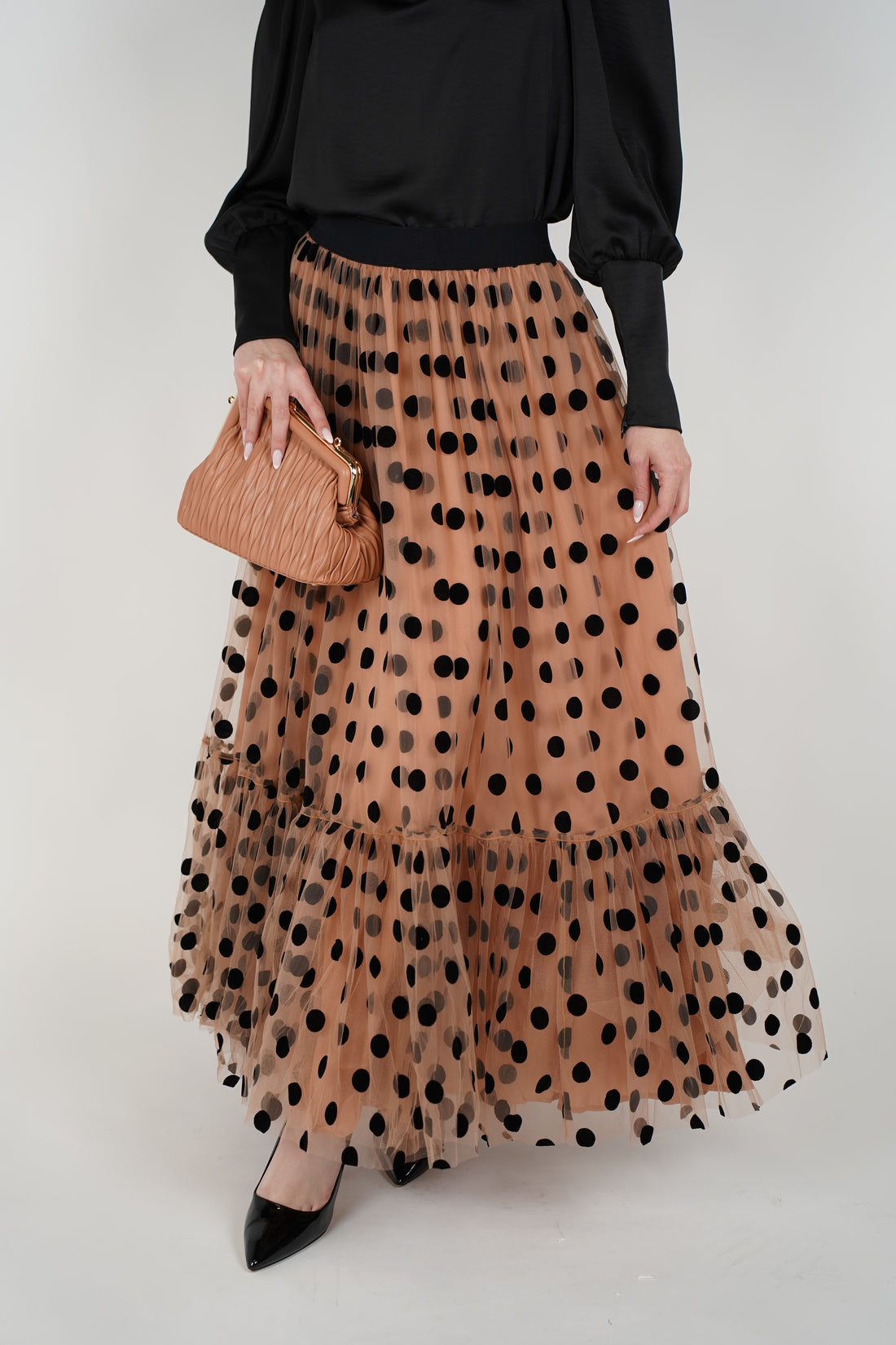 Emera Polka Dot Midi Skirt – Elegant Sheer Layered Design