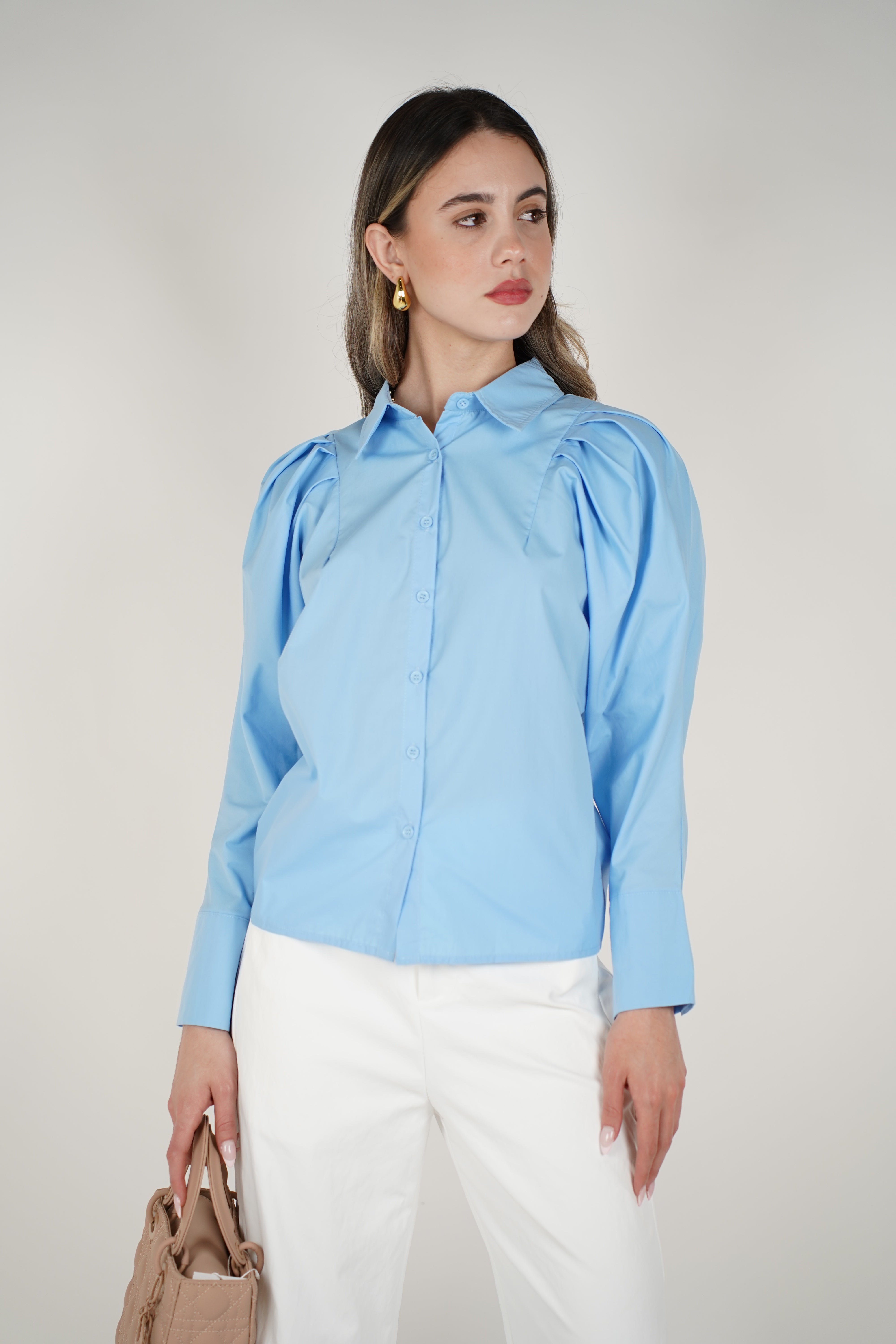 Rinna Button Down – Puff Shoulder Blue Blouse