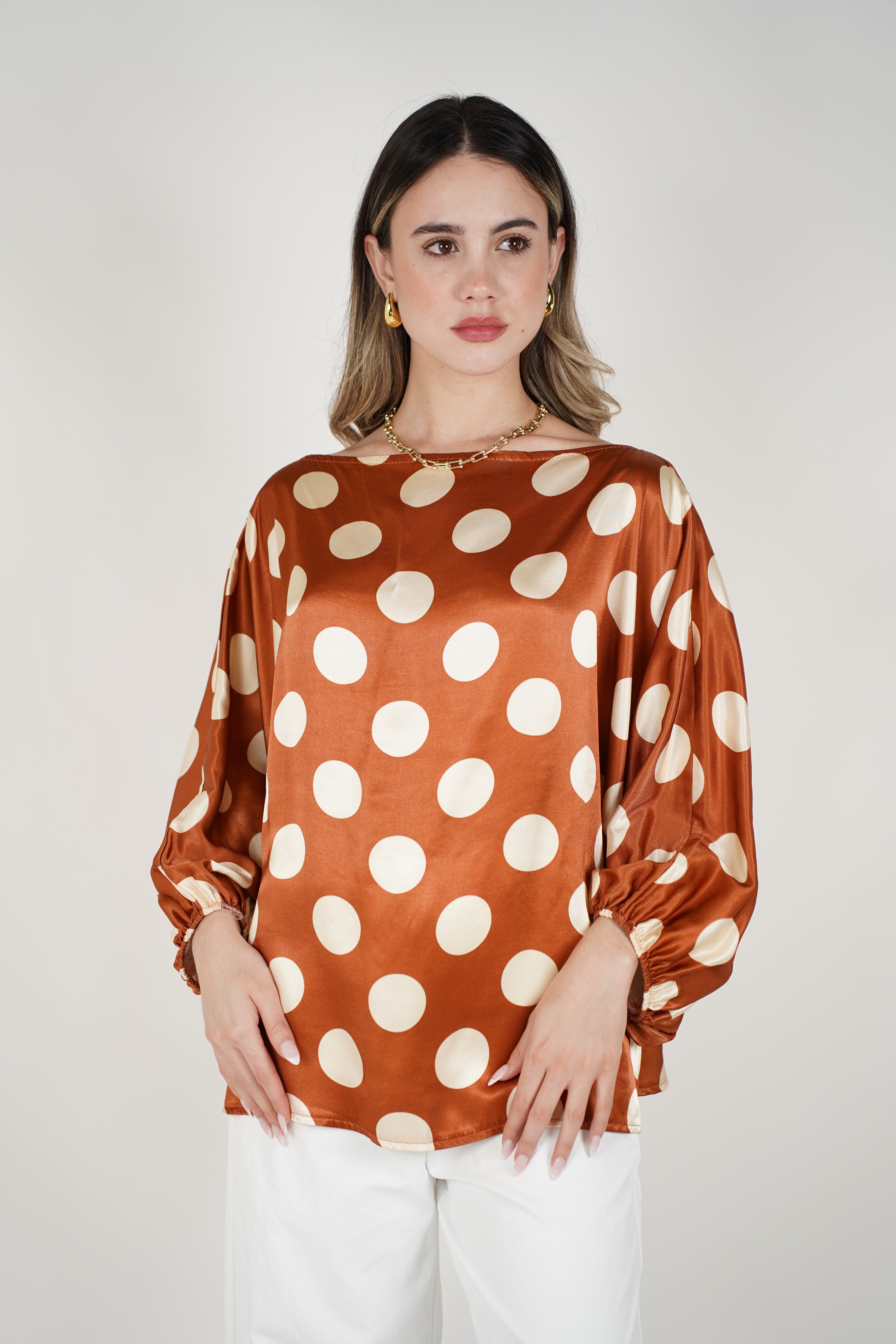 Avira Polka Dot Blouse – Satin Off-Shoulder Statement Top