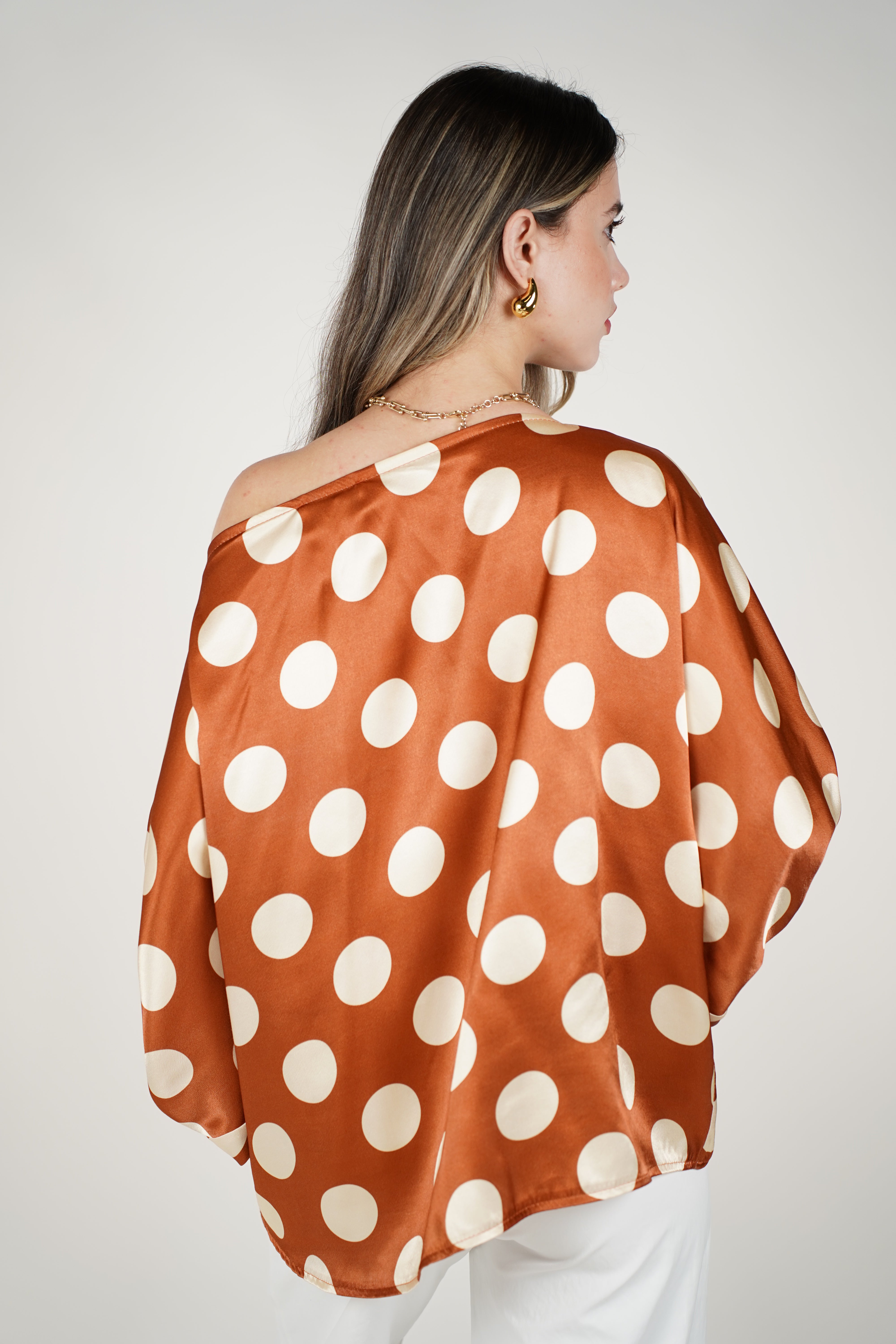 Avira Polka Dot Blouse – Satin Off-Shoulder Statement Top