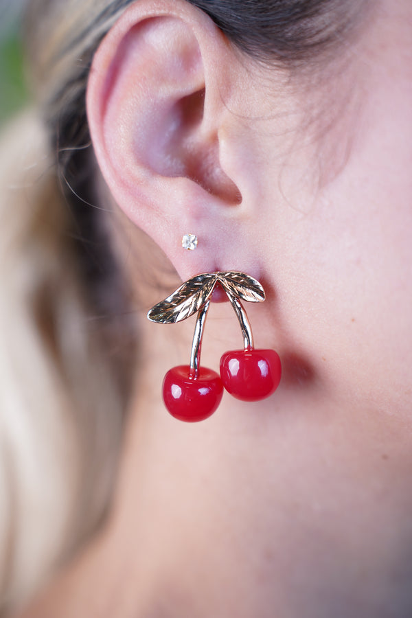 Sania Cherry Drop Earrings with Gold Leaf Detail