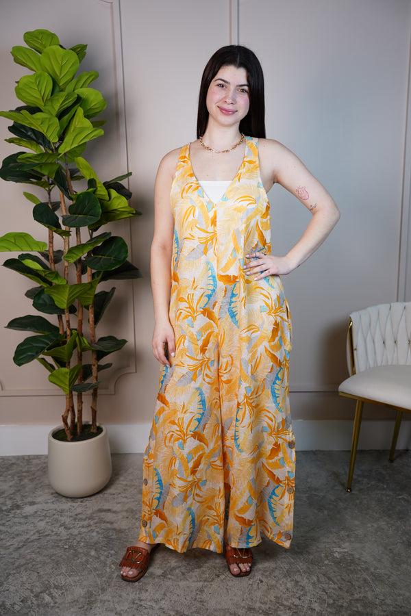 Yani Stamped Linen Jumpsuit - Tropical print