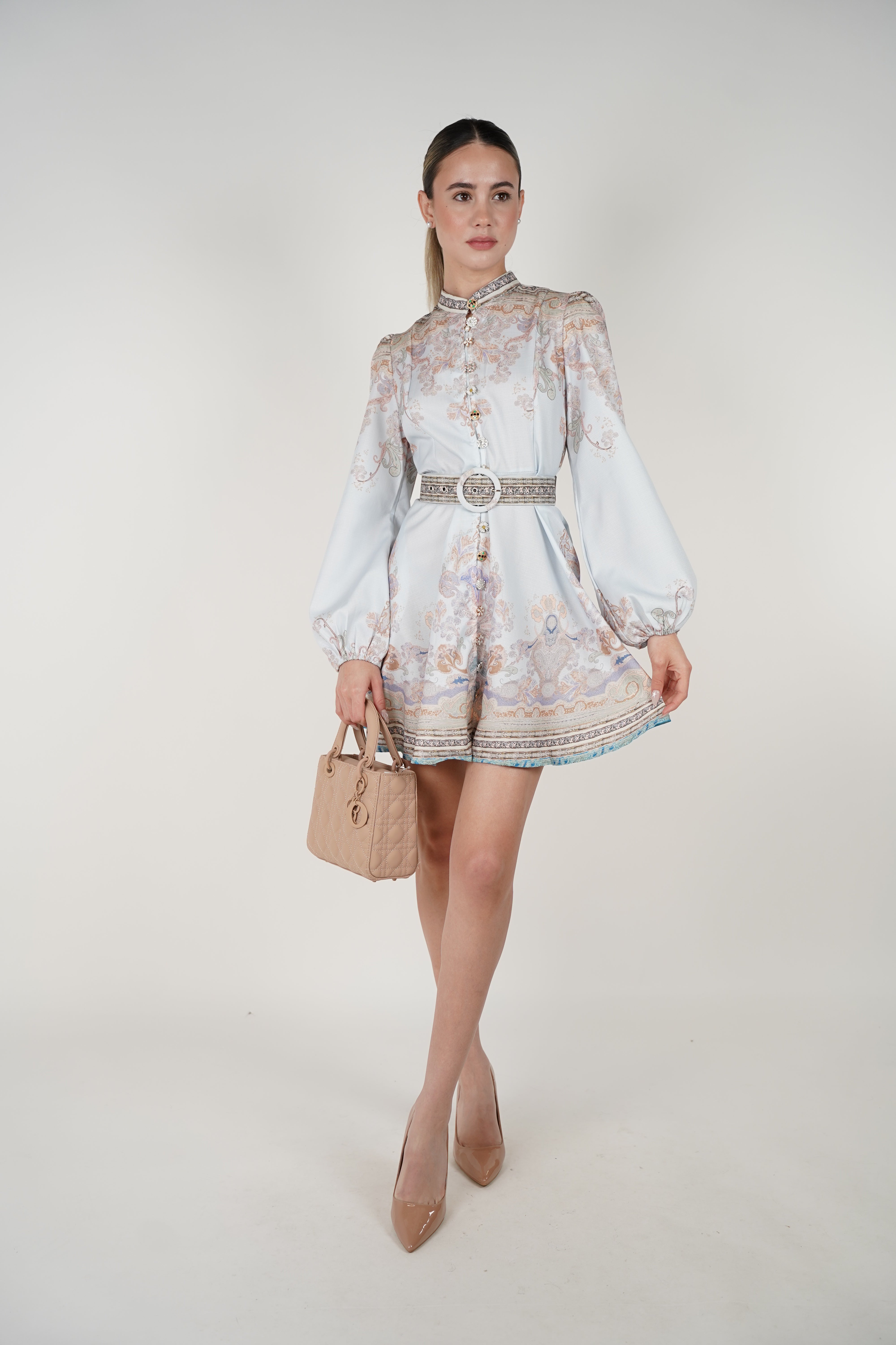 Elzea Stamped Mini Dress – Floral Button-Up Satin Mini with Belt