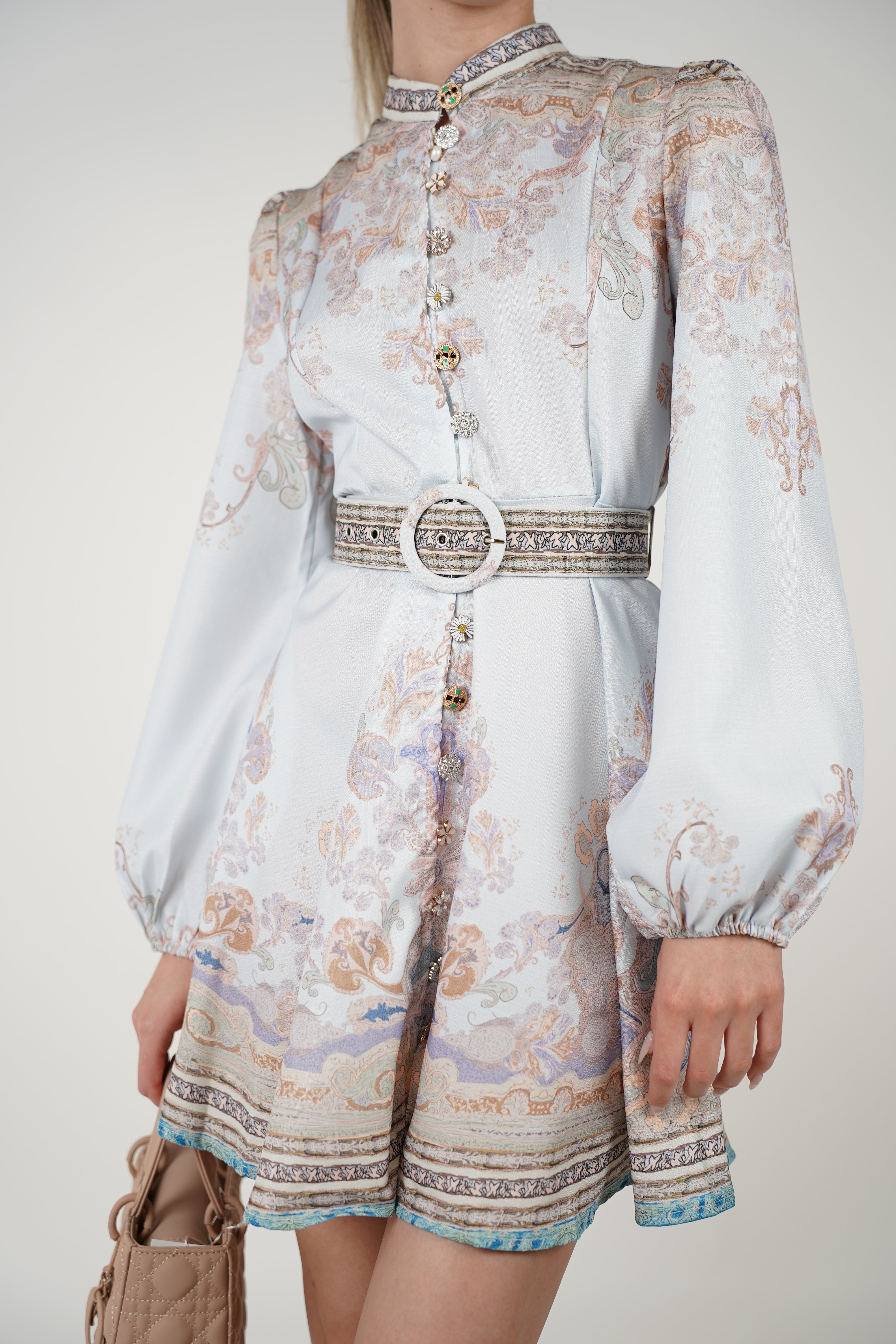 Elzea Stamped Mini Dress – Floral Button-Up Satin Mini with Belt