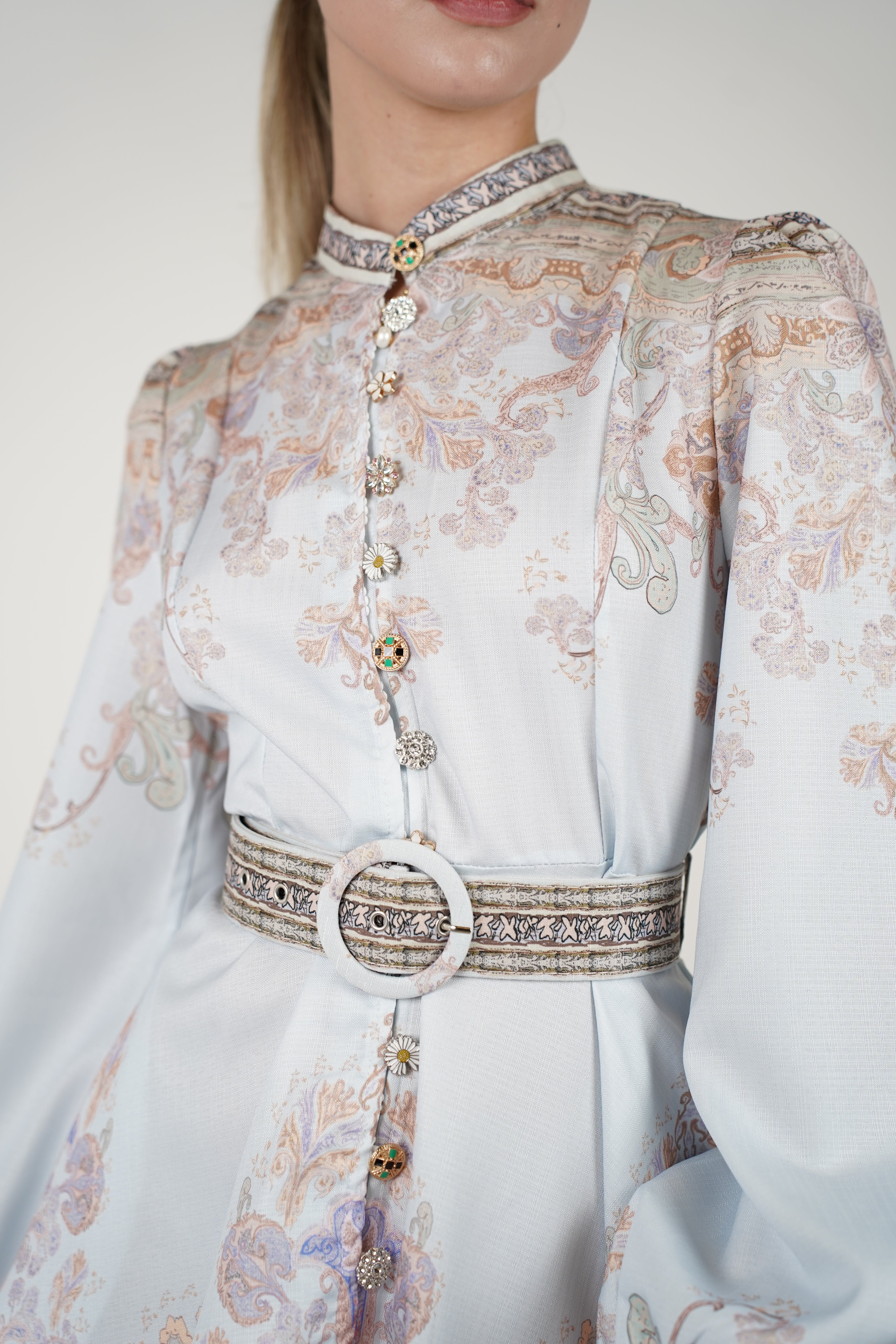 Elzea Stamped Mini Dress – Floral Button-Up Satin Mini with Belt