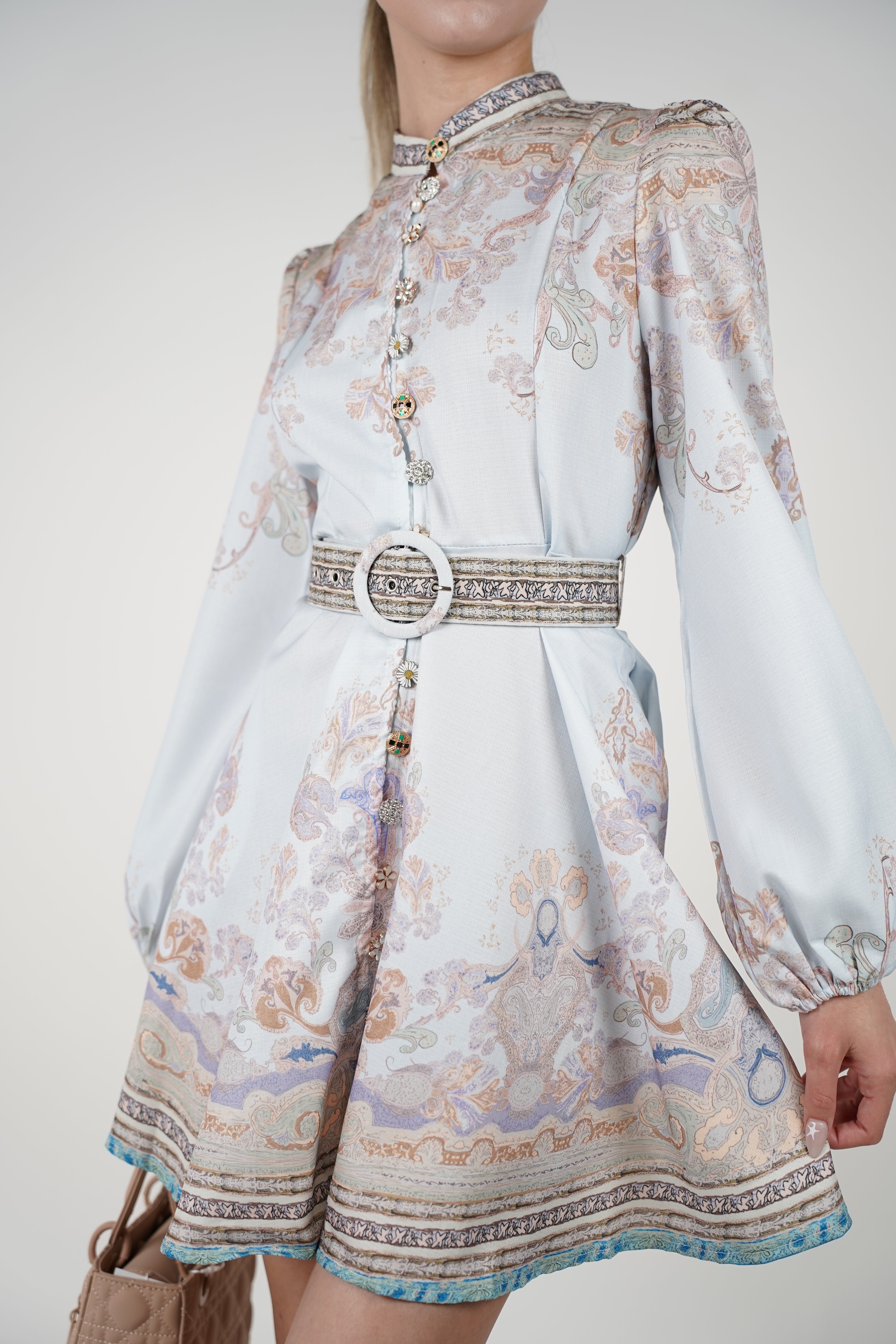 Elzea Stamped Mini Dress – Floral Button-Up Satin Mini with Belt