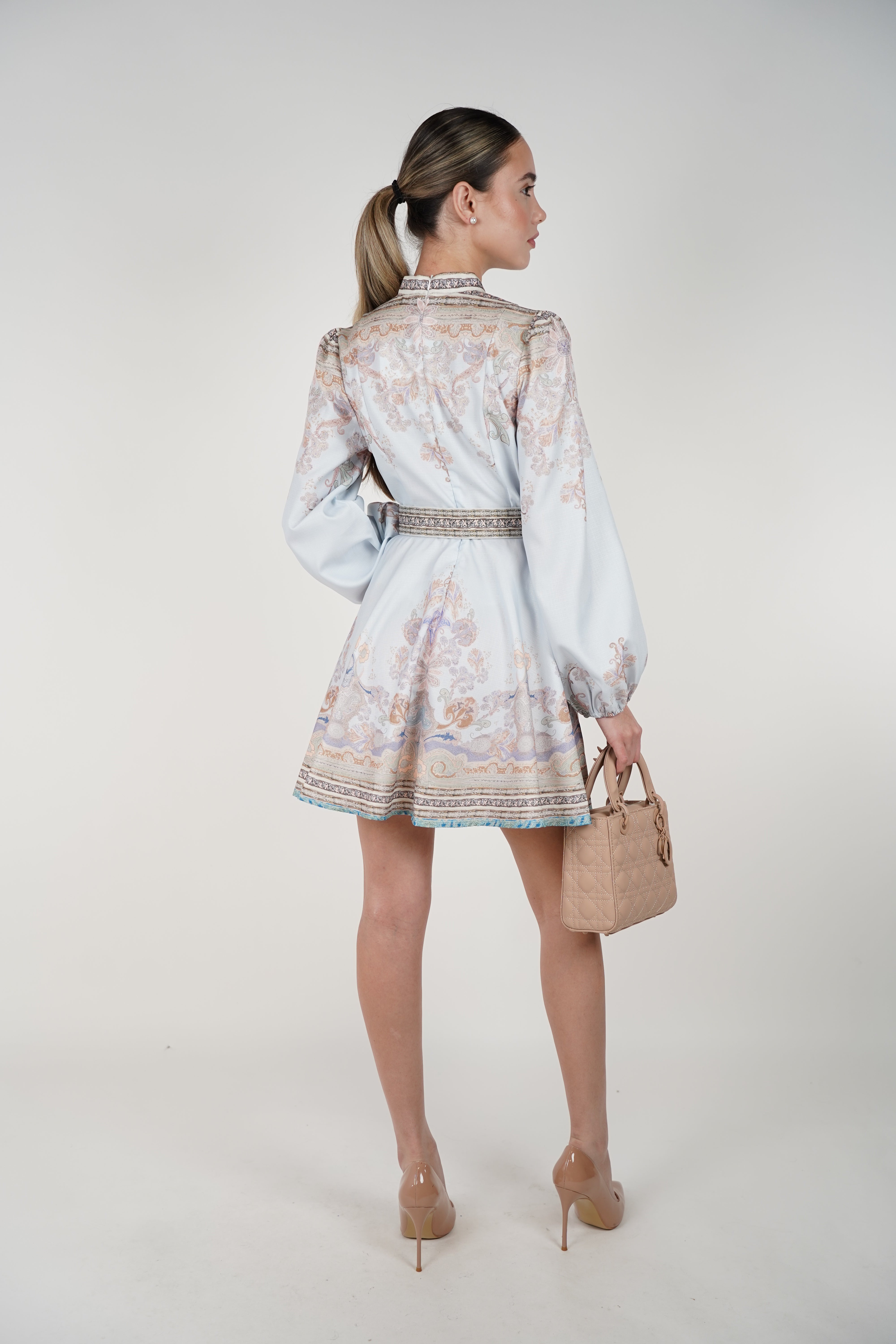 Elzea Stamped Mini Dress – Floral Button-Up Satin Mini with Belt