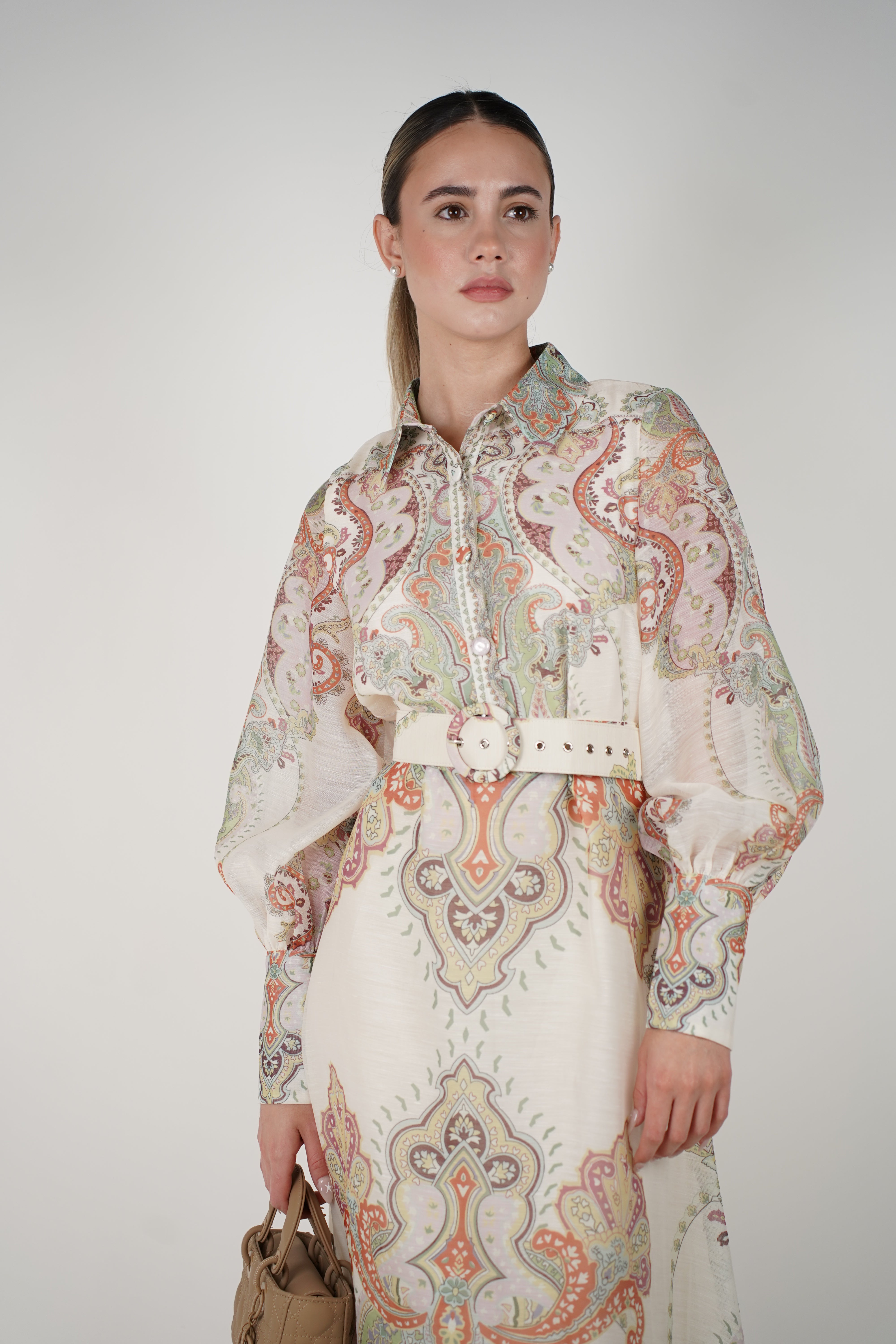 Veya Belted Maxi Dress – Ornate Collared Long Sleeve Maxi