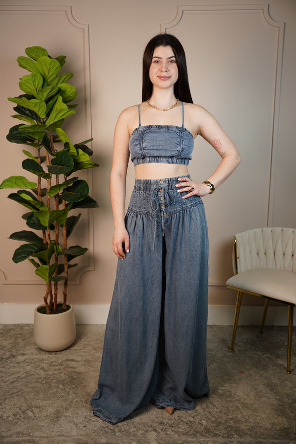 Vani Denim Pants Set – Cropped Top & Wide Leg Bottoms