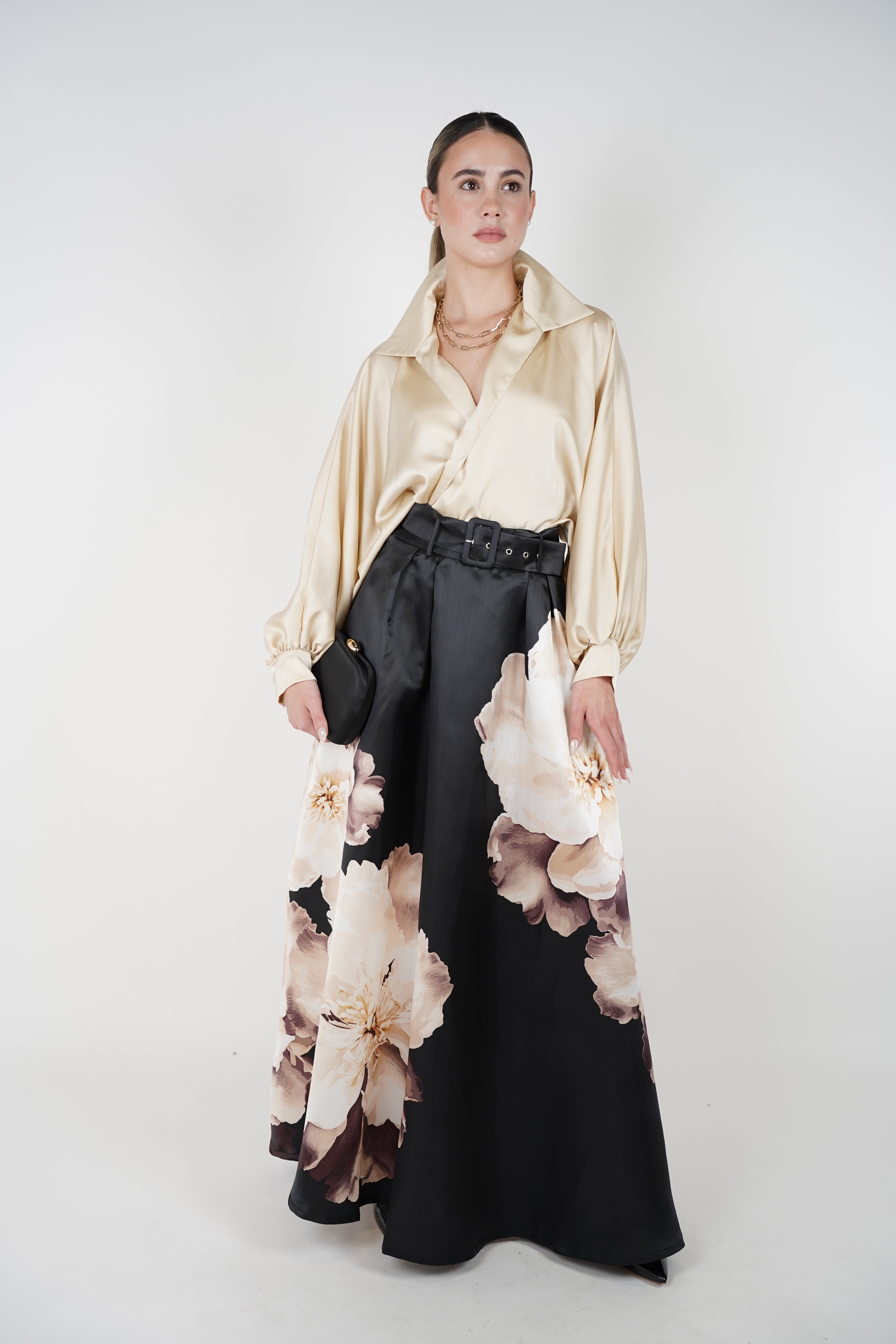 Elen Floral Maxi Skirt – Black Satin A-Line with Ivory Bloom Print
