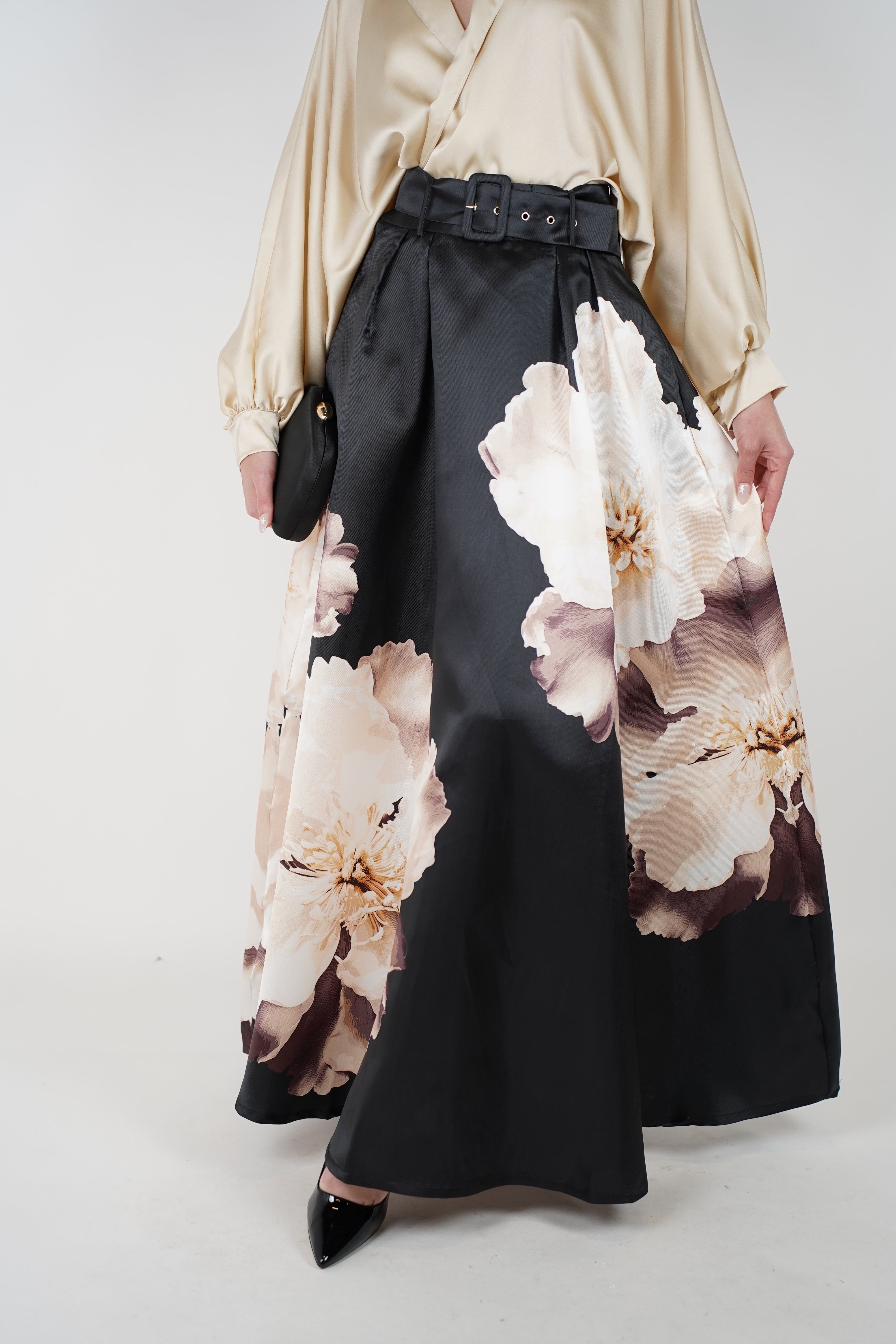 Elen Floral Maxi Skirt – Black Satin A-Line with Ivory Bloom Print