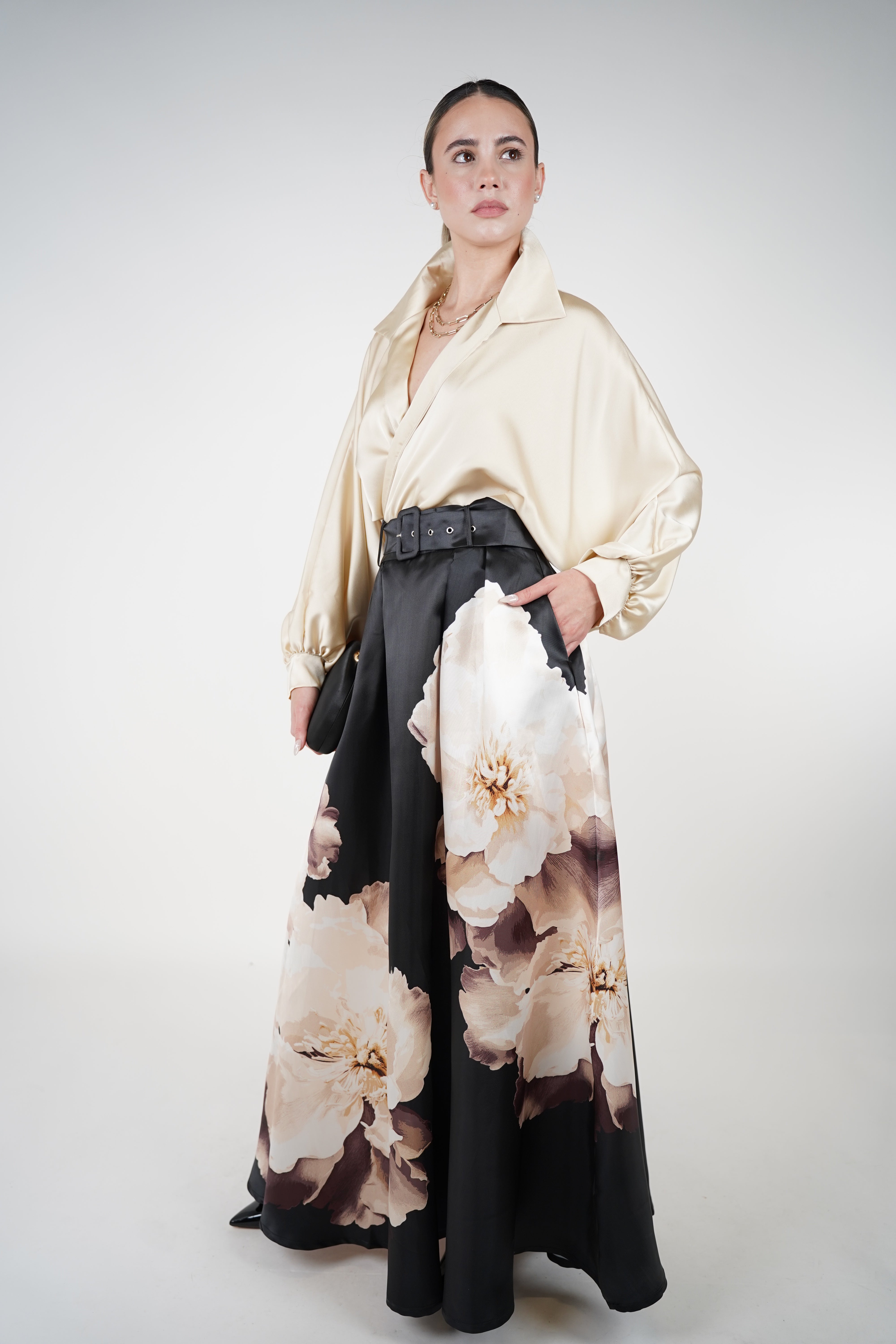 Elen Floral Maxi Skirt – Black Satin A-Line with Ivory Bloom Print