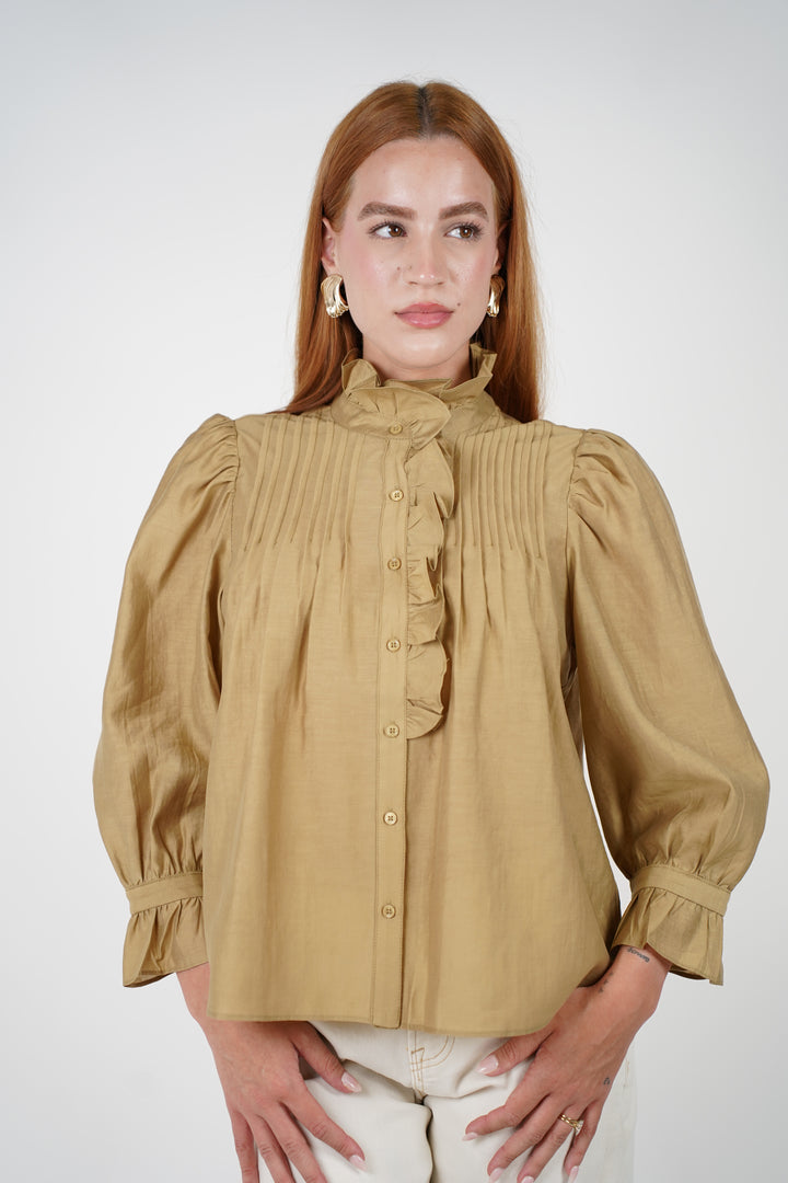 Koren Button Down – Ruffled High Neck Blouse in Golden Olive