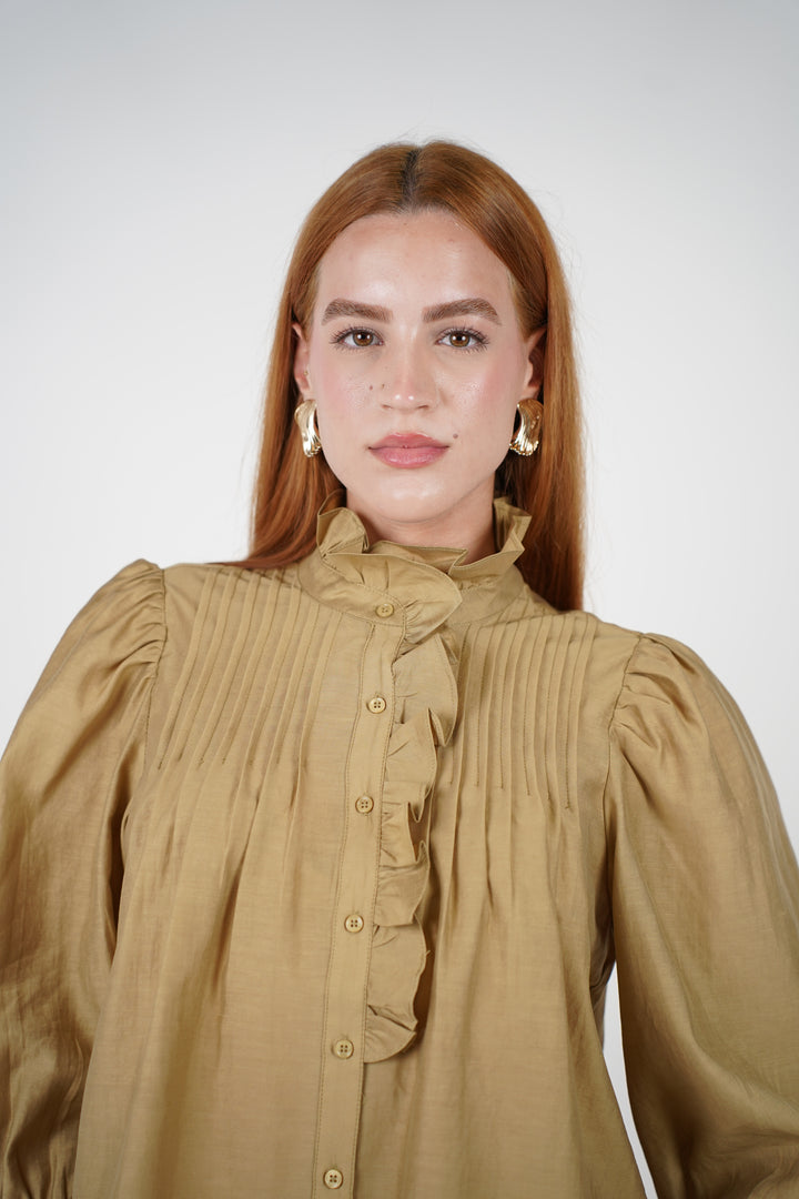Koren Button Down – Ruffled High Neck Blouse in Golden Olive