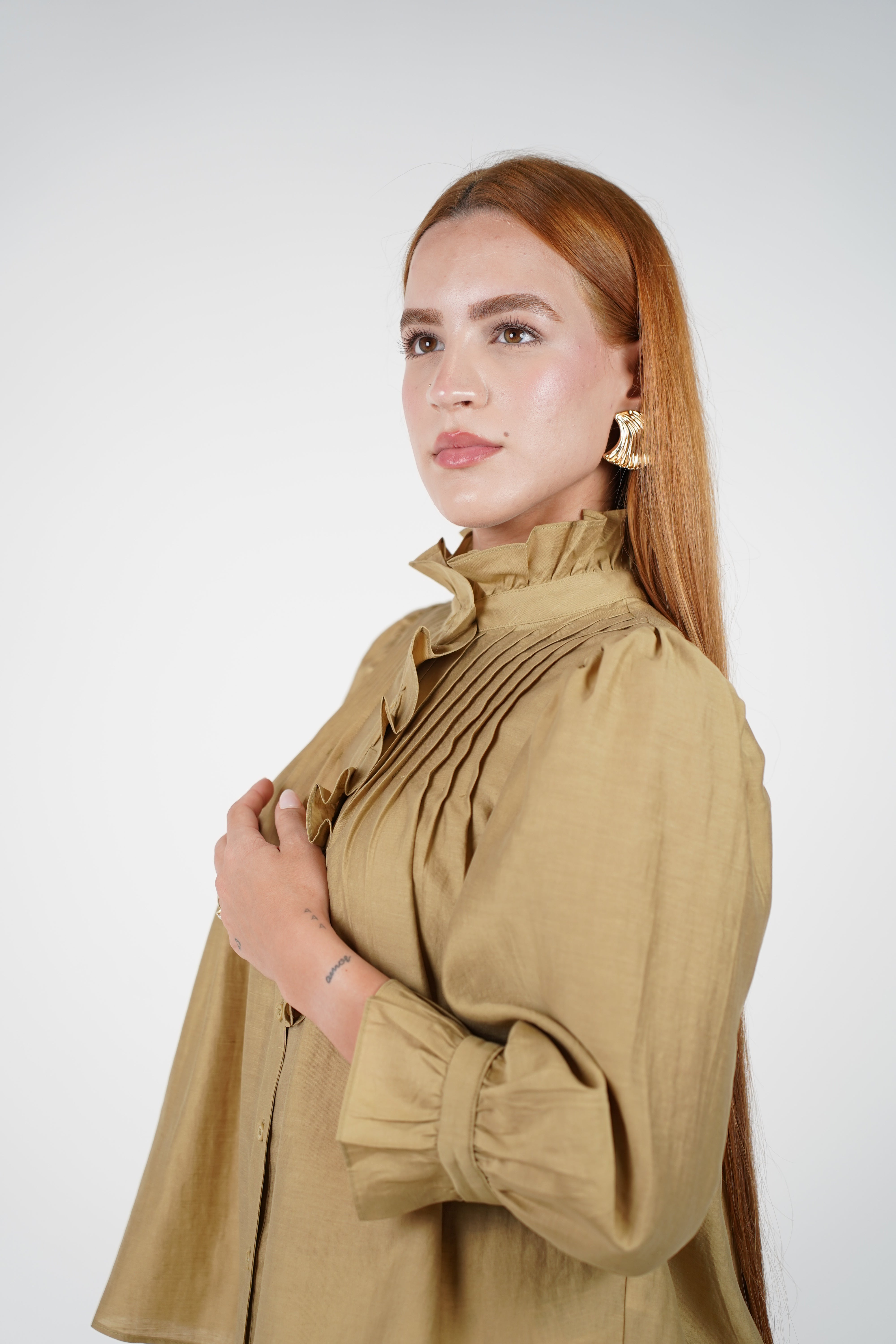 Koren Button Down – Ruffled High Neck Blouse in Golden Olive