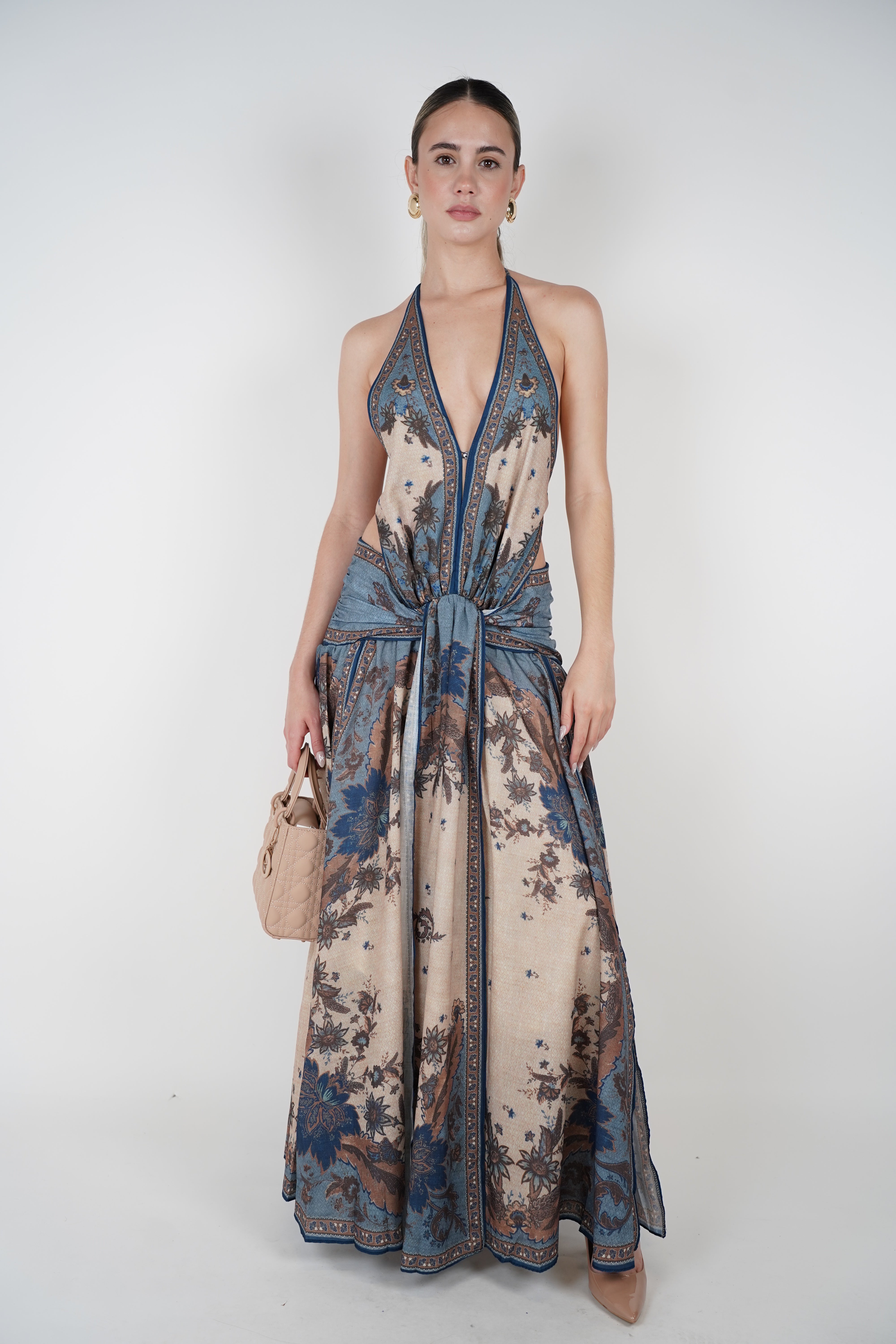 Elvia Stamped Maxi Dress – Boho Elegance in Blue & Mocha