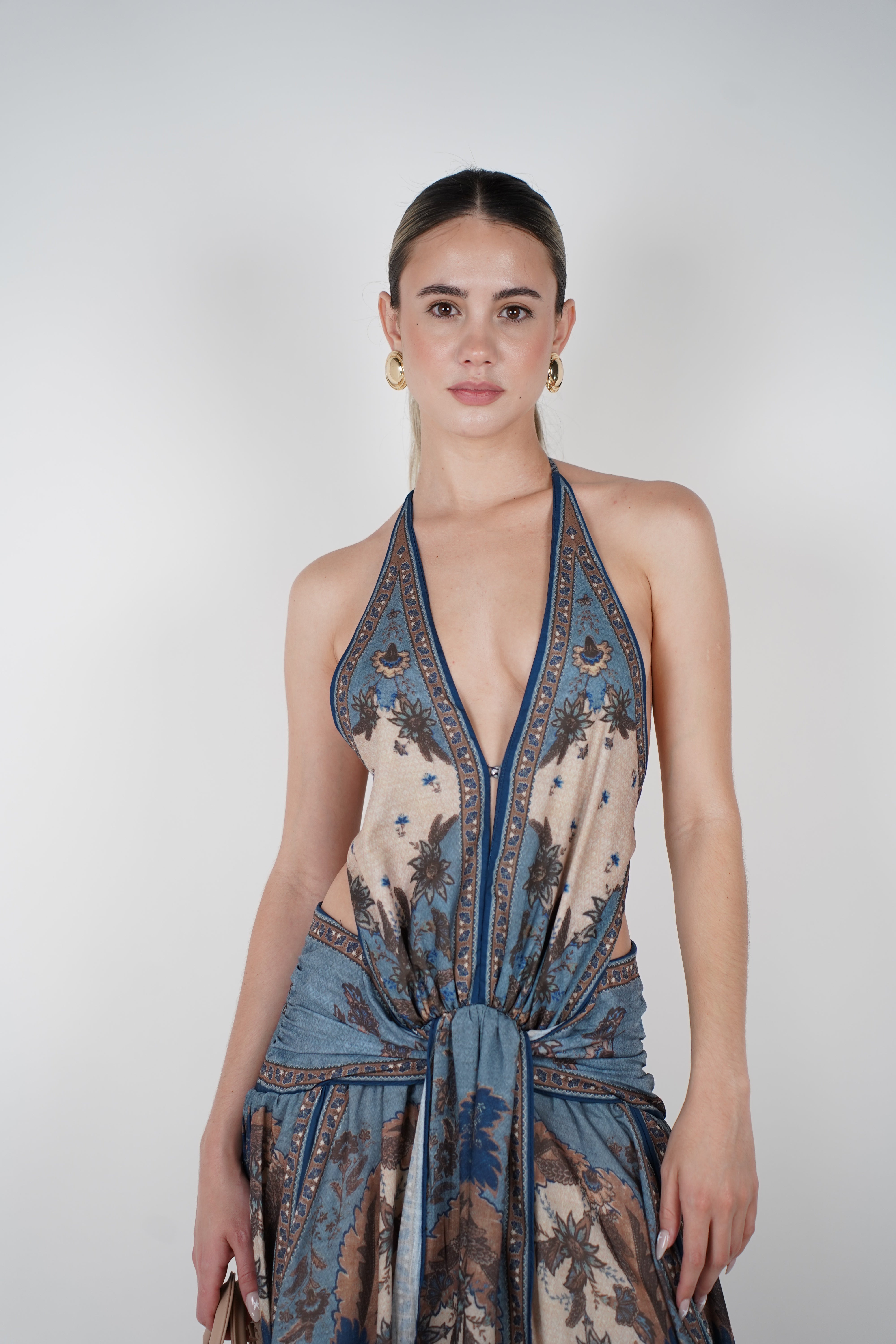 Elvia Stamped Maxi Dress – Boho Elegance in Blue & Mocha