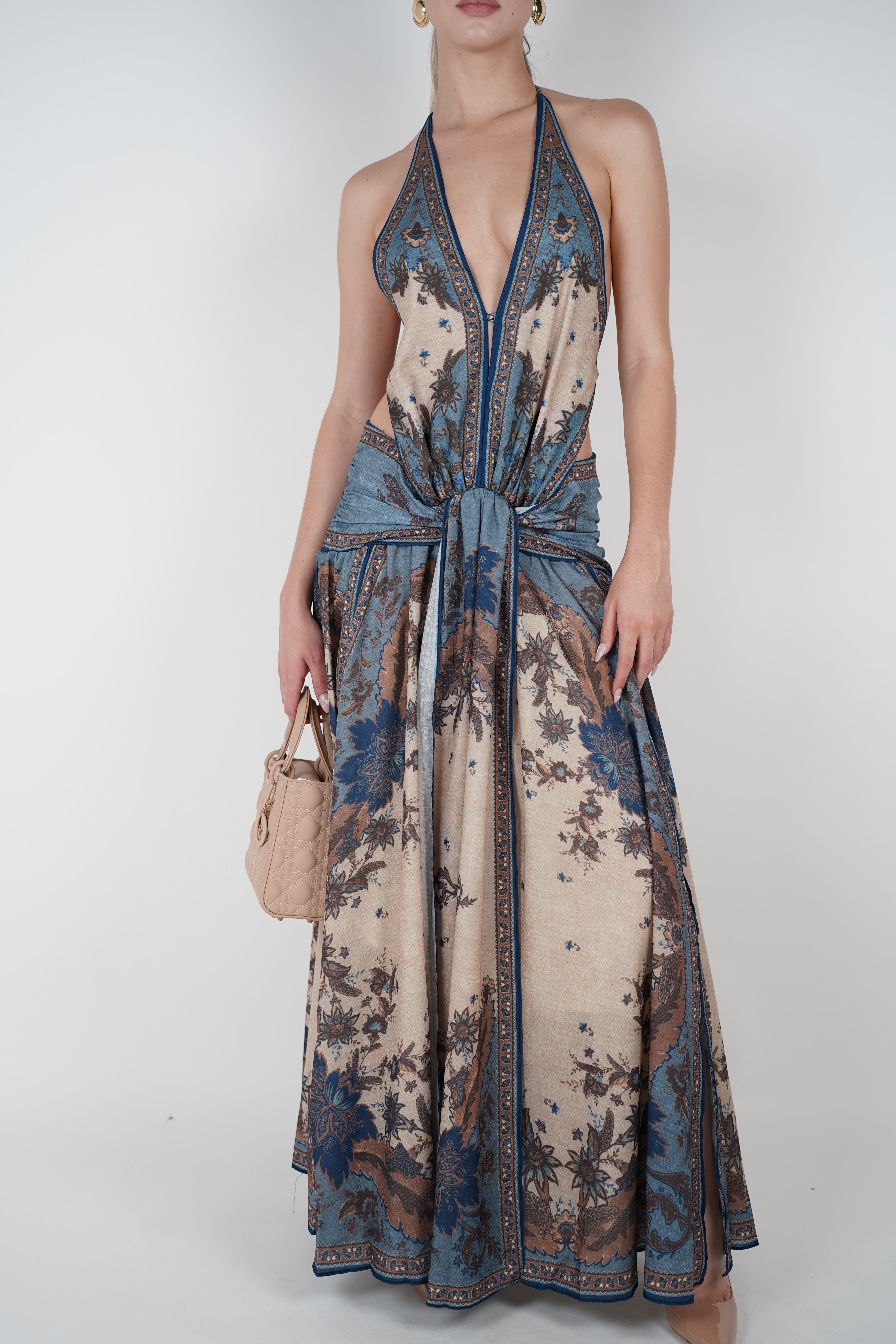 Elvia Stamped Maxi Dress – Boho Elegance in Blue & Mocha