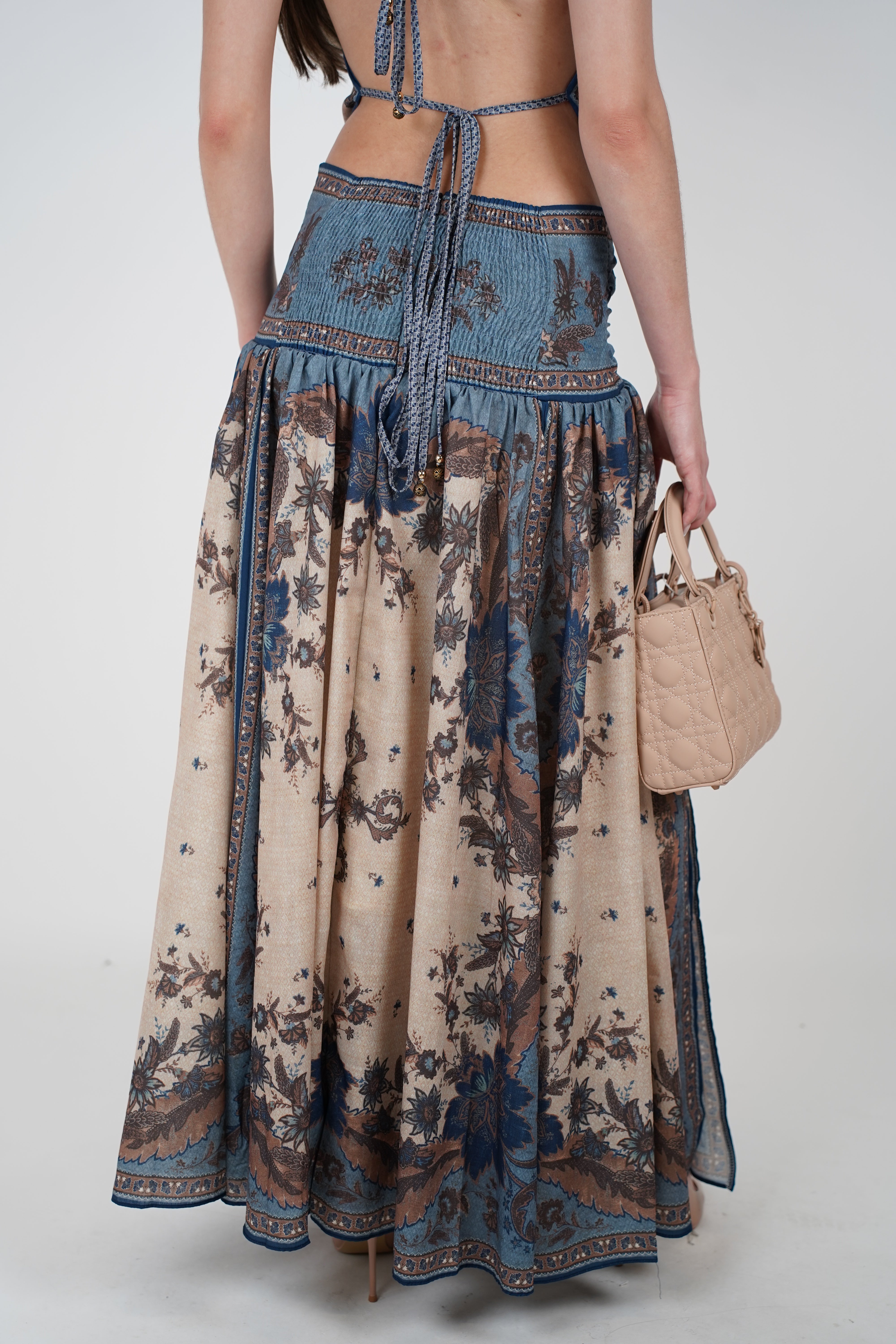 Elvia Stamped Maxi Dress – Boho Elegance in Blue & Mocha