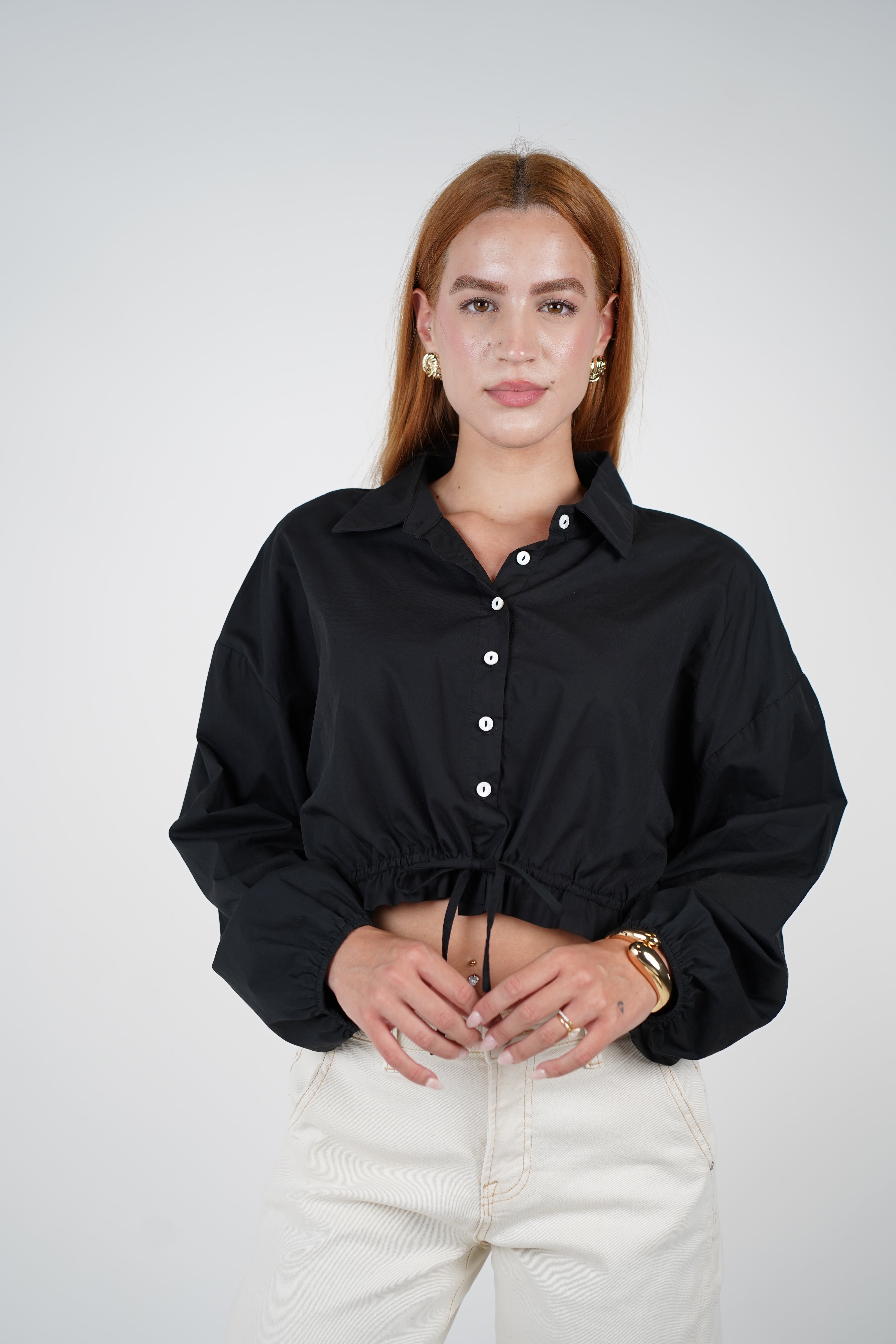 Niora Drawstring Poplin Top – Crisp Black Classic
