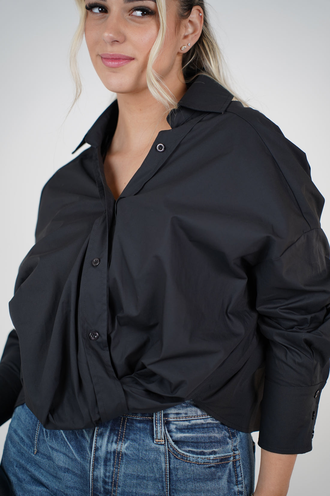 Llya Cross Front Button Down – Soft Blush Twist-Draped Shirt