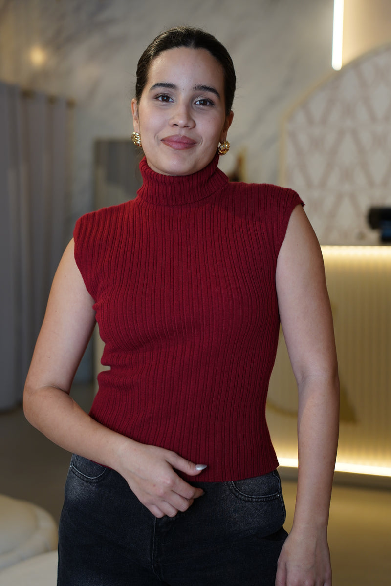 Lilian Sweater – Sleeveless Ribbed Turtleneck in Deep Wine