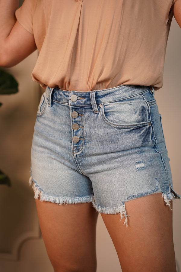 Miri Denim Shorts – Distressed Wash with Button Fly