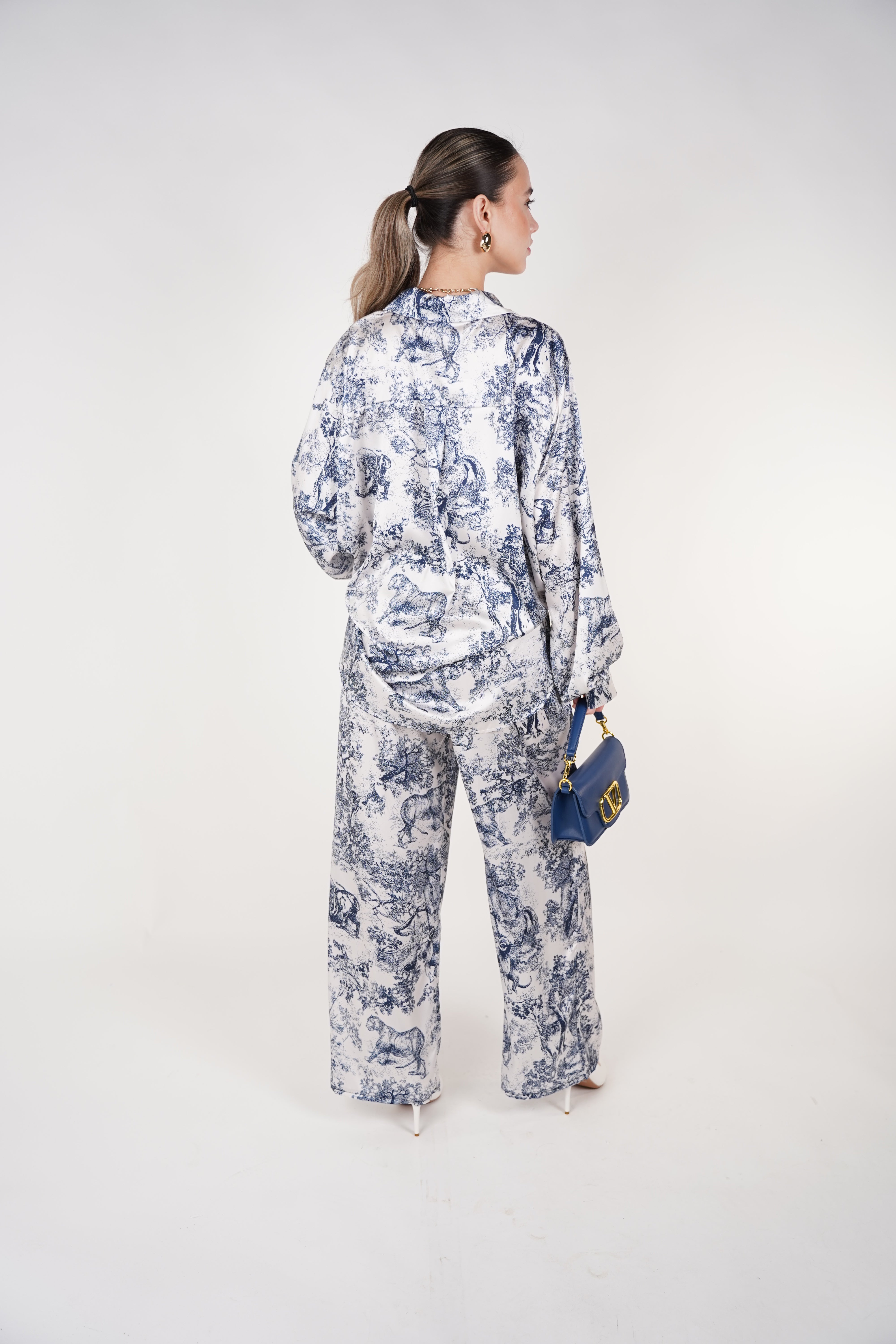 Maviel Stamped Pants Set | Blue Toile Print Two-Piece Outfit