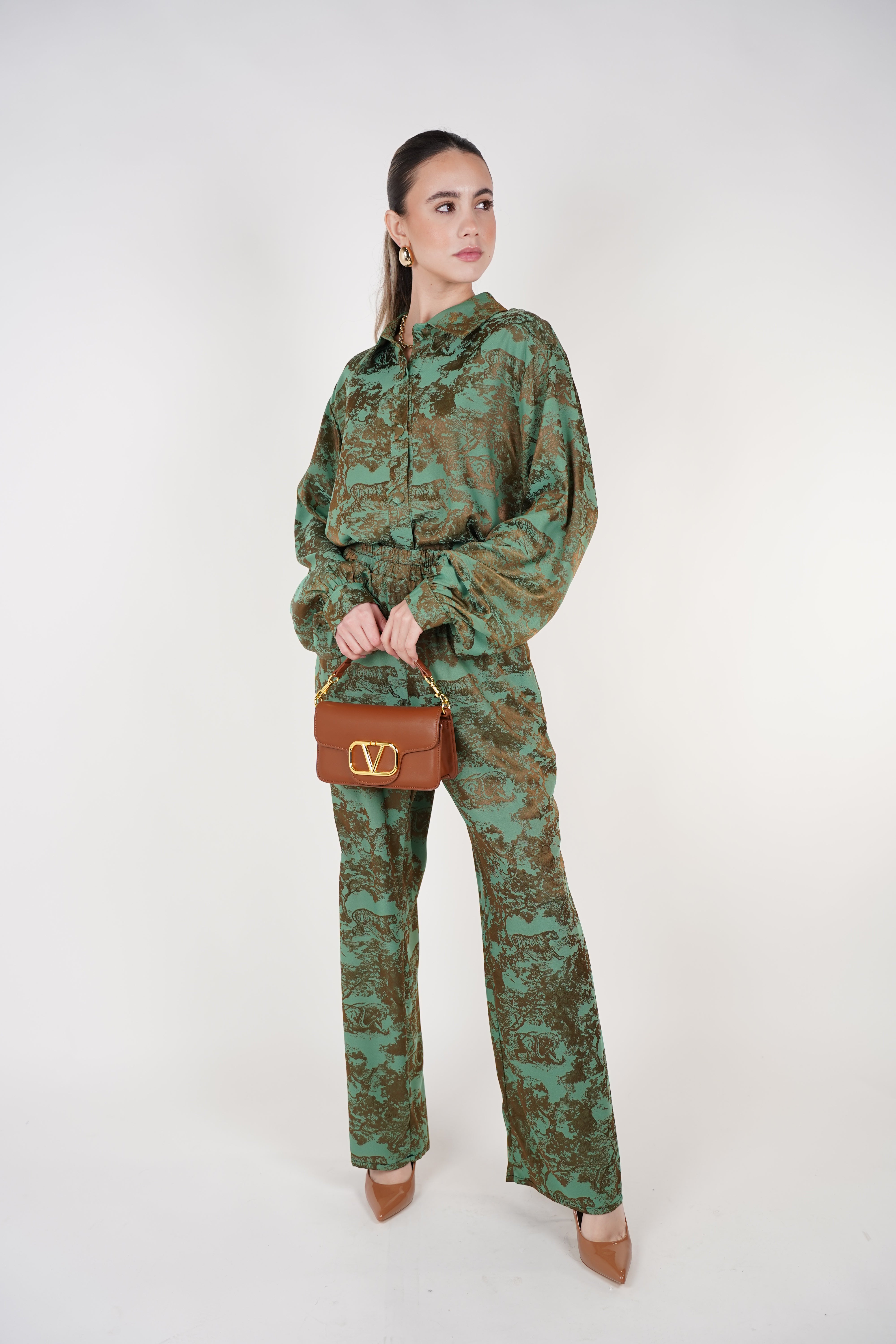 Jynae Stamped Pants Set | Green and Brown Printed Two-Piece Outfit